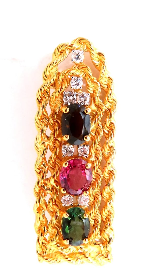 3ct. Natural Green Brown Pink Tourmaline Rope Twist .40ct Diamond Pin 14kt **: Title: 3ct. Natural Green Brown Pink Tourmaline Rope Twist .40ct Diamond Pin 14kt ** Description: Statement Pin Very Well Made Pink, Green & BRown Tourmaline 1.5 x .56 inch 14kt. yellow gold 6.8