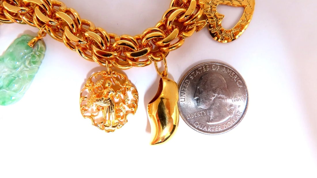 14kt 10 Charm Bracelet Fairy Horn Irish Lock Cross Jade Mary Slipper Heart ** - 5