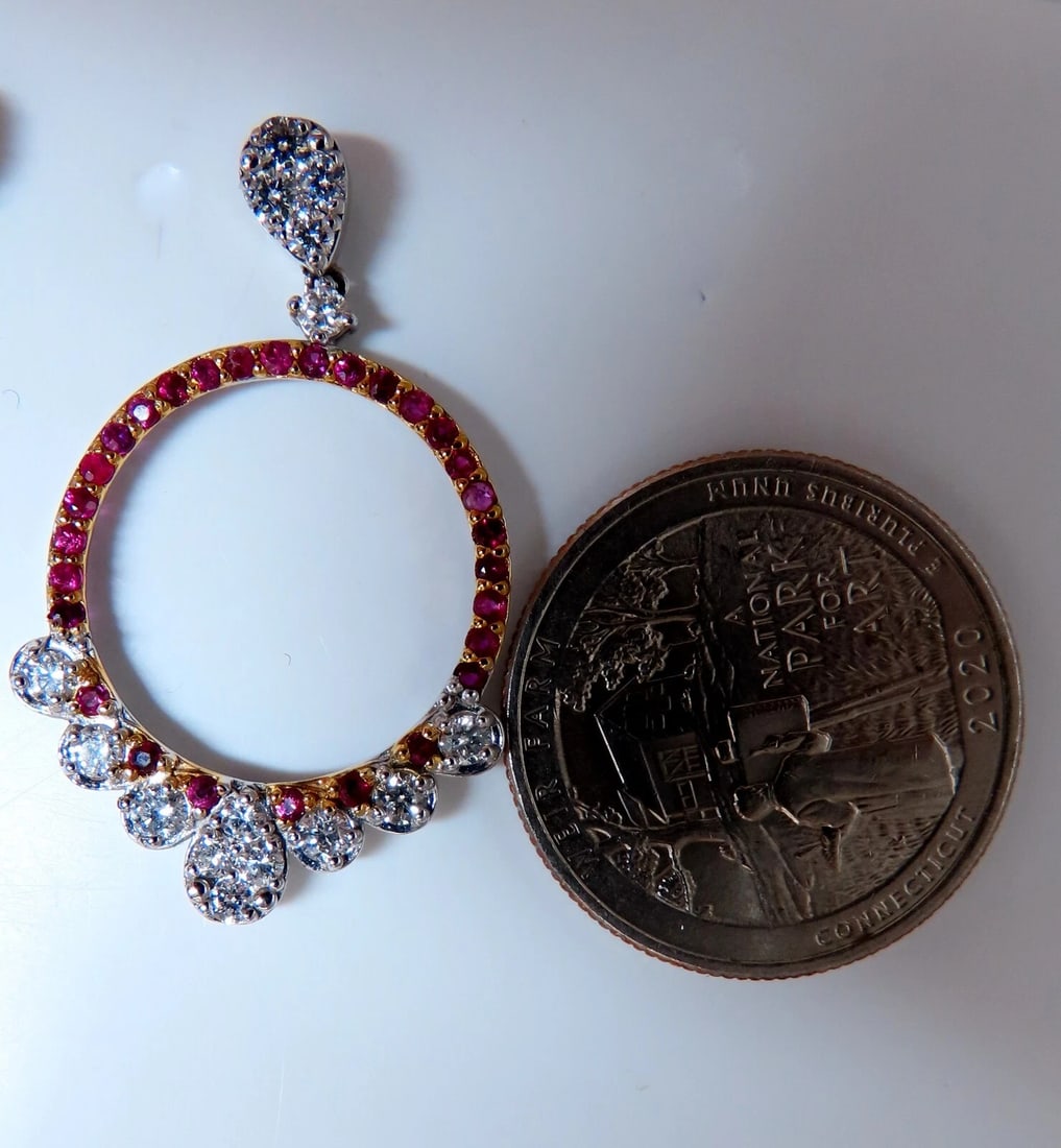 Ruby Diamonds Earrings Dangle Circle 14kt Gold Natural** - 2