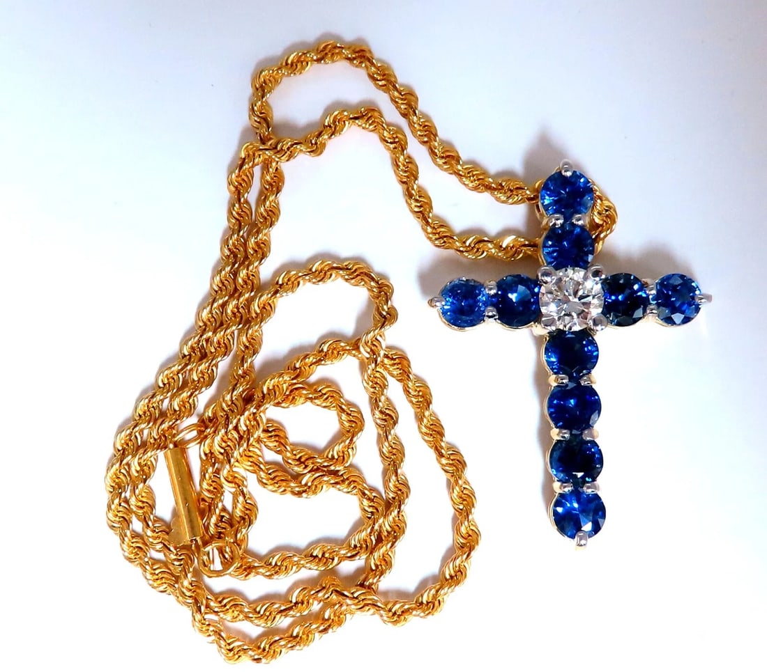 GIA Certified 1.00ct Natural Round Diamond Sapphire Cross Necklace 14kt**: Title: GIA Certified 1.00ct Natural Round Diamond Sapphire Cross Necklace 14kt** Description: Sapphire Diamond Cross & Chain GIA Certified: 1.00ct. Roound Cut Diamond Report# 5212073220 I-color Vs1