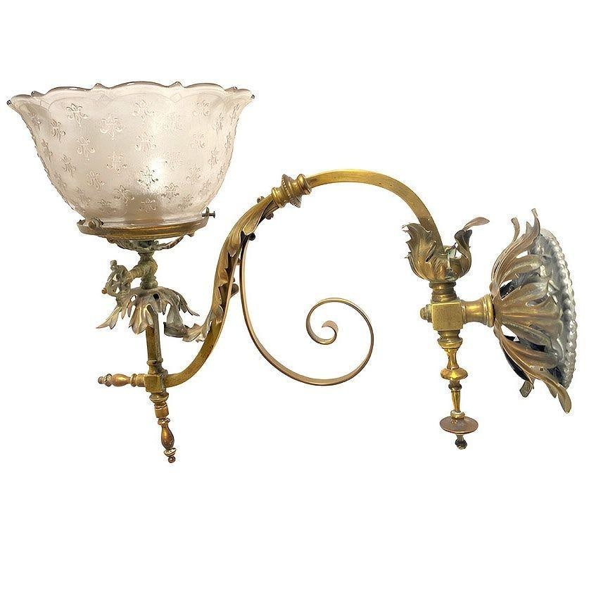 Electrified Late Victorian Baroque Casted Brass Gas Sconces w/ Shade, Pair - 2