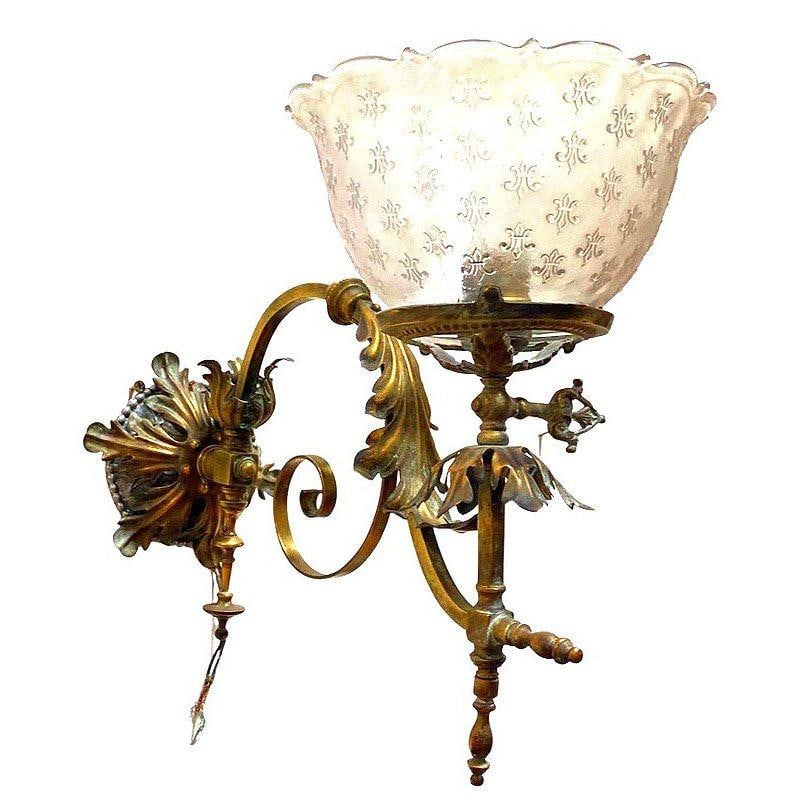 Electrified Late Victorian Baroque Casted Brass Gas Sconces w/ Shade, Pair - 3