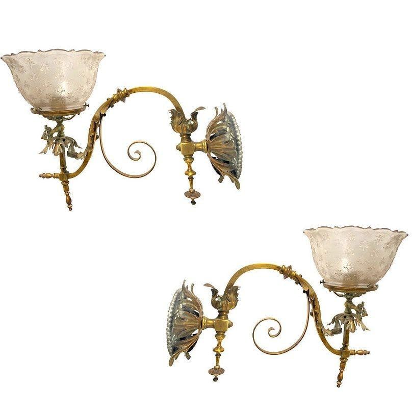 Electrified Late Victorian Baroque Casted Brass Gas Sconces w/ Shade, Pair - 8