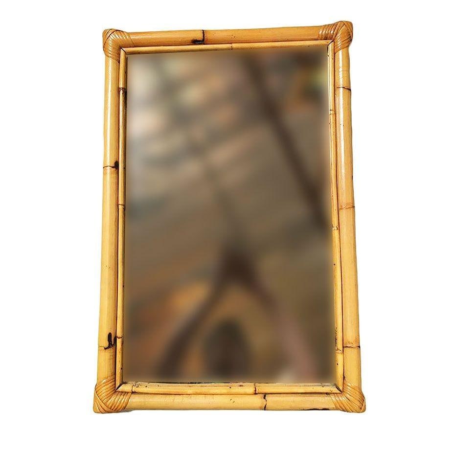 Restored Long Two-Strand Rattan Wall Mirror W/ Stick Reed Rattan Border - 3