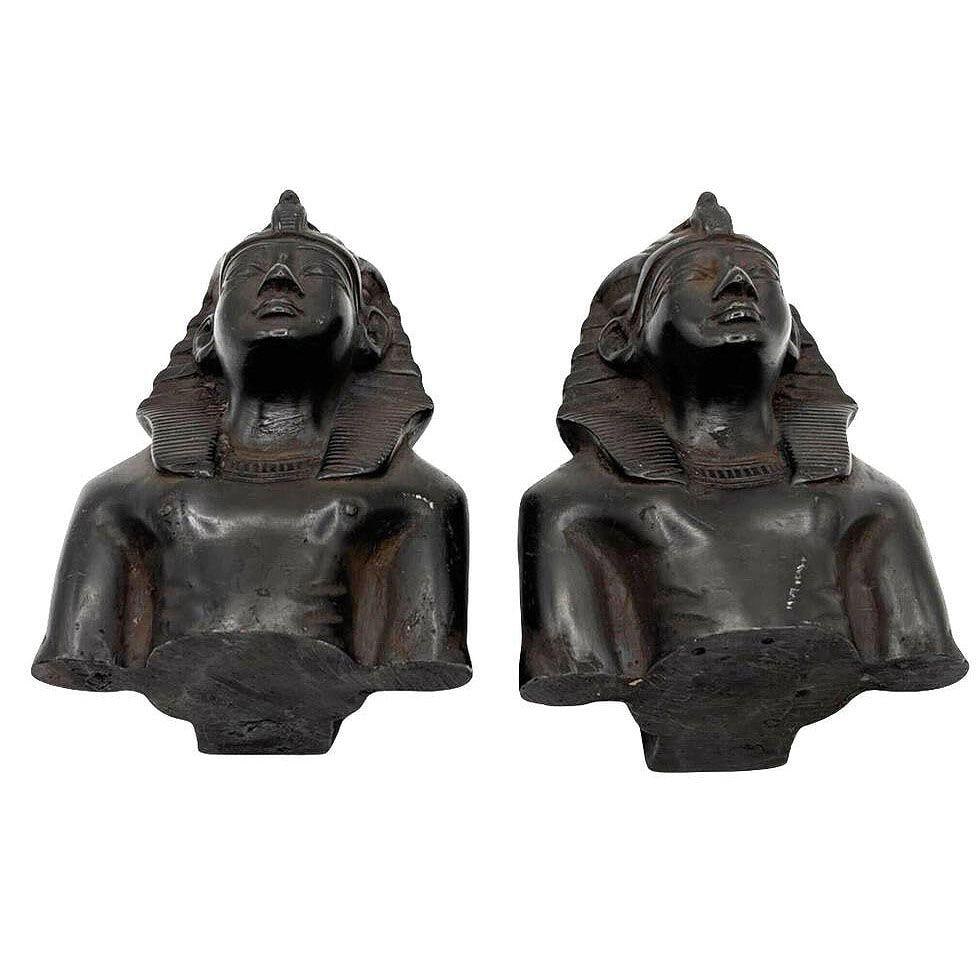 Hand Carved Ebony Wood King Tut Tutankhamen Pharaoh Bust Book Ends Signed 1974 - 12