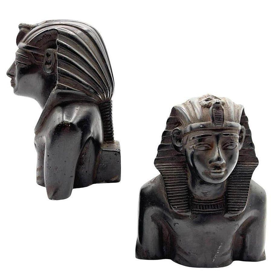 Hand Carved Ebony Wood King Tut Tutankhamen Pharaoh Bust Book Ends Signed 1974 - 19