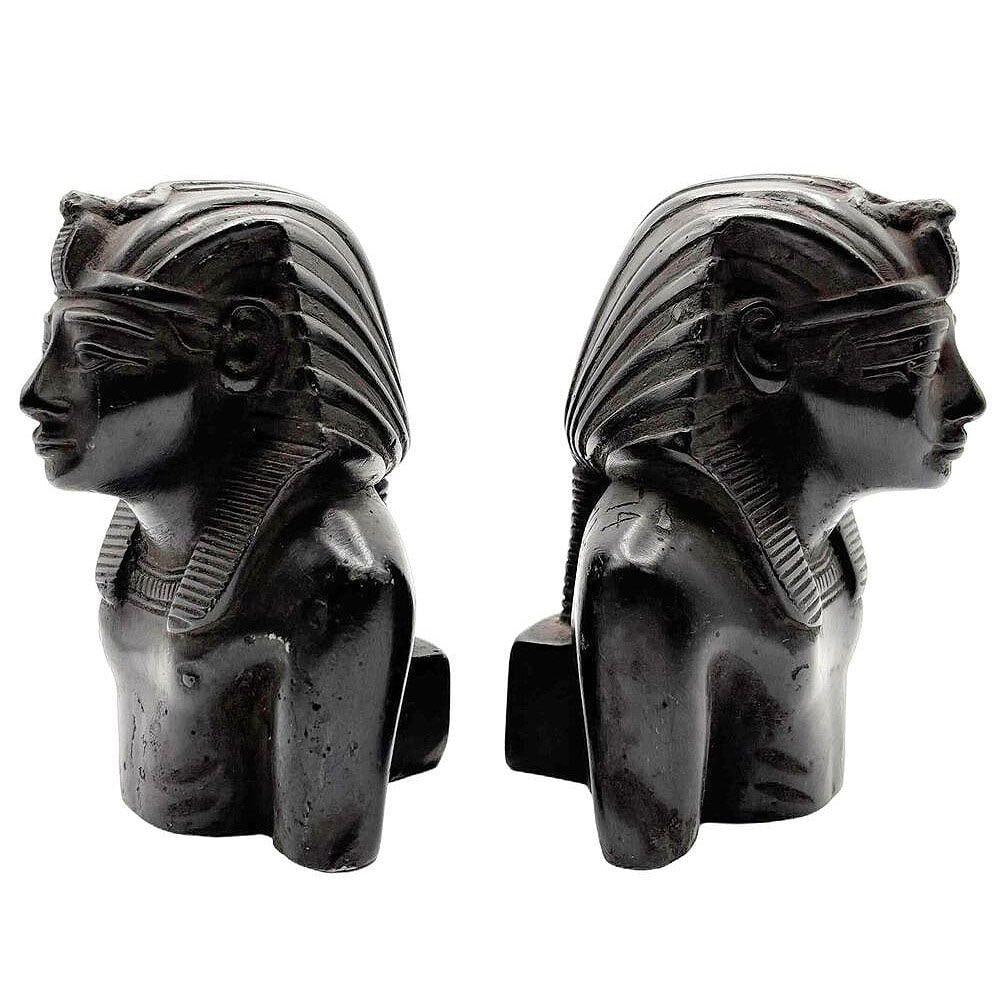 Hand Carved Ebony Wood King Tut Tutankhamen Pharaoh Bust Book Ends Signed 1974 - 4