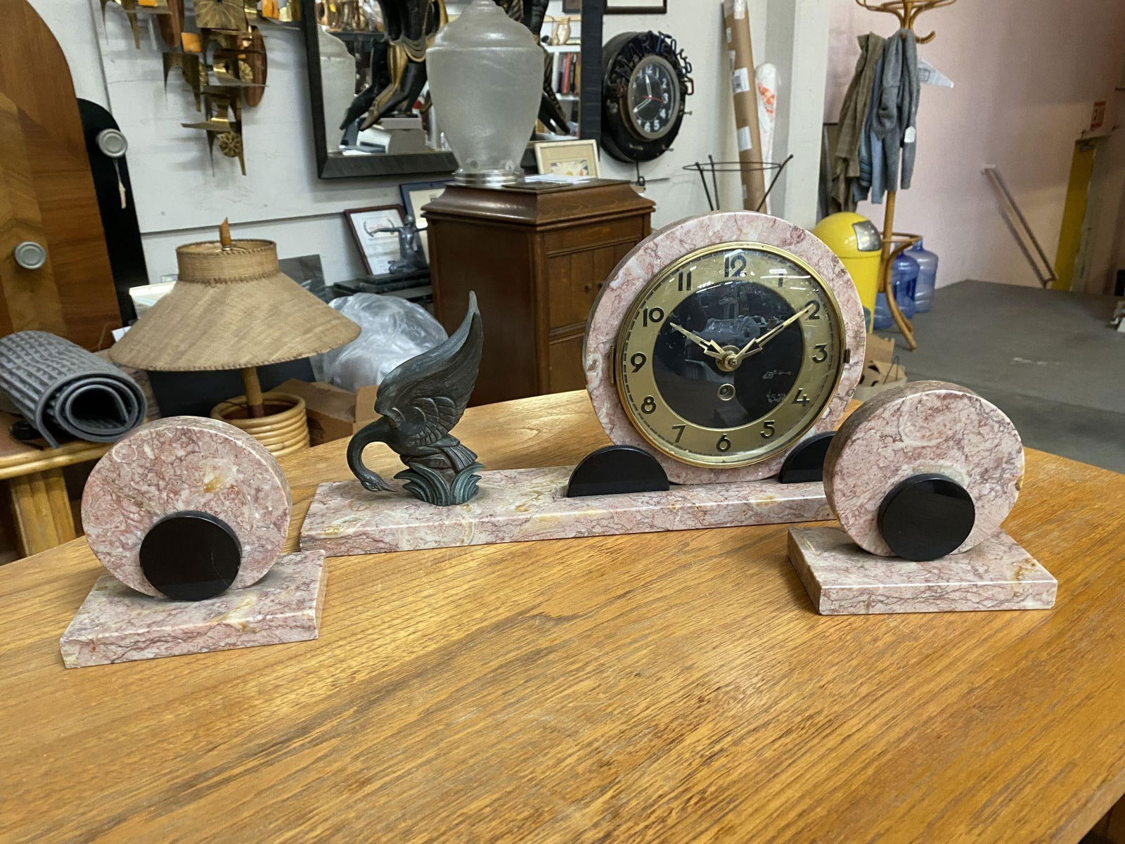 French Art Deco UCRA Bronze Swan Marble Mantle Garniture Clock Set by Marefbay - 10