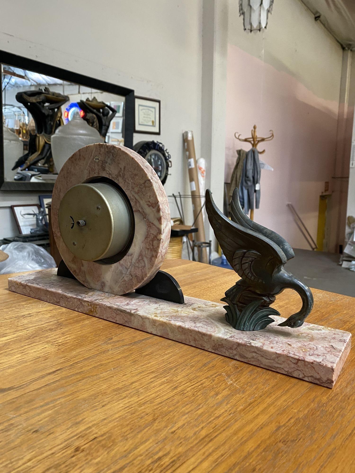 French Art Deco UCRA Bronze Swan Marble Mantle Garniture Clock Set by Marefbay - 16