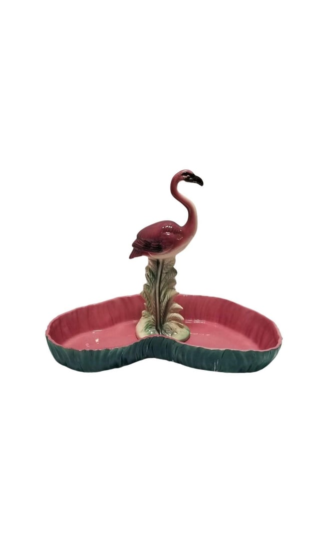 Mid Century Pink and Green Flamingo Ceramic Figurine in Flamingo Pool Tray. - 4