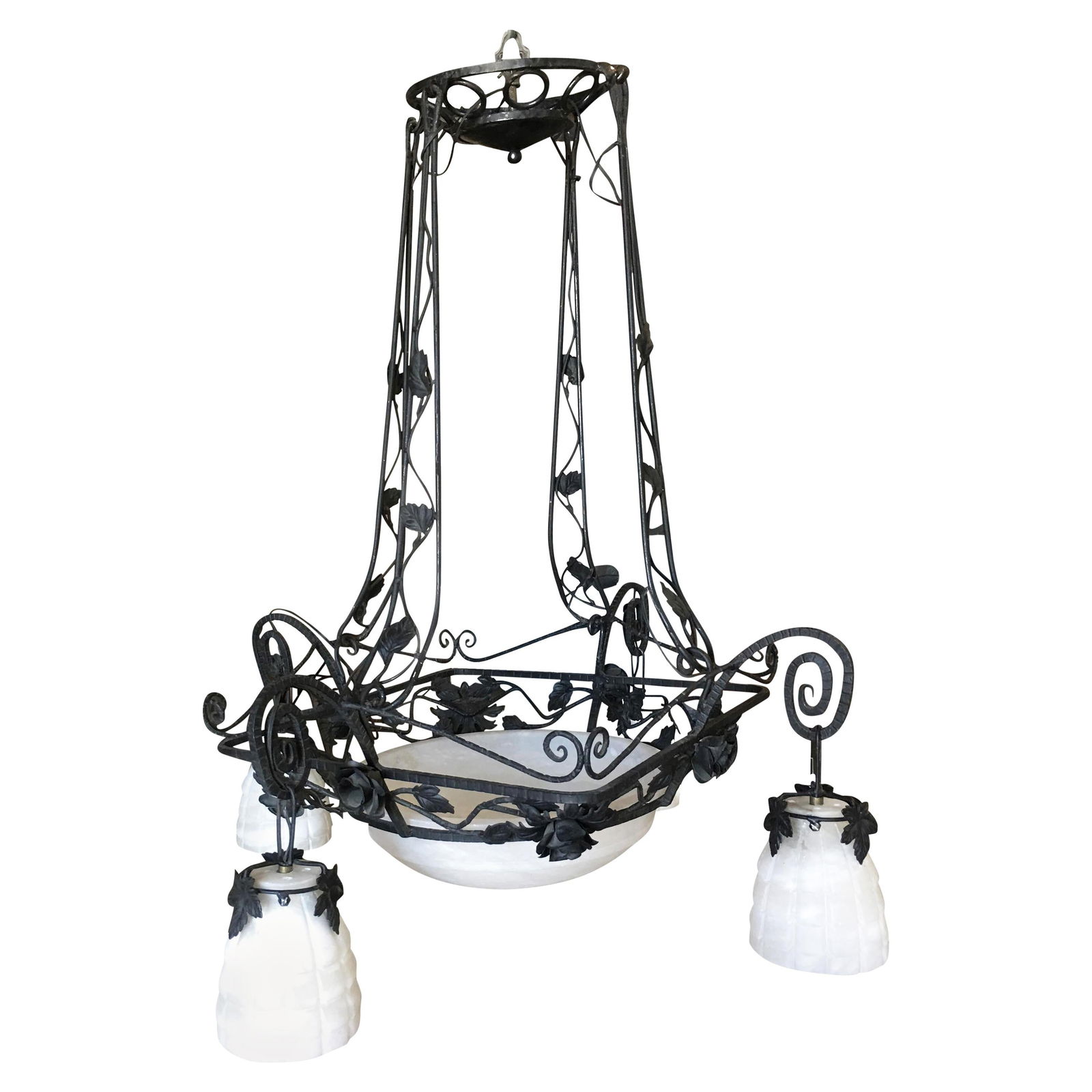 Black Iron Tole 4-Light Chandelier with Alabaster Shades: Title: Black Iron Tole 4-Light Chandelier with Alabaster Shades Description: Black iron 4-light chandelier fashioned after the Italian tole style with alabaster shades. addx1 Dimensions: Dimensions: 