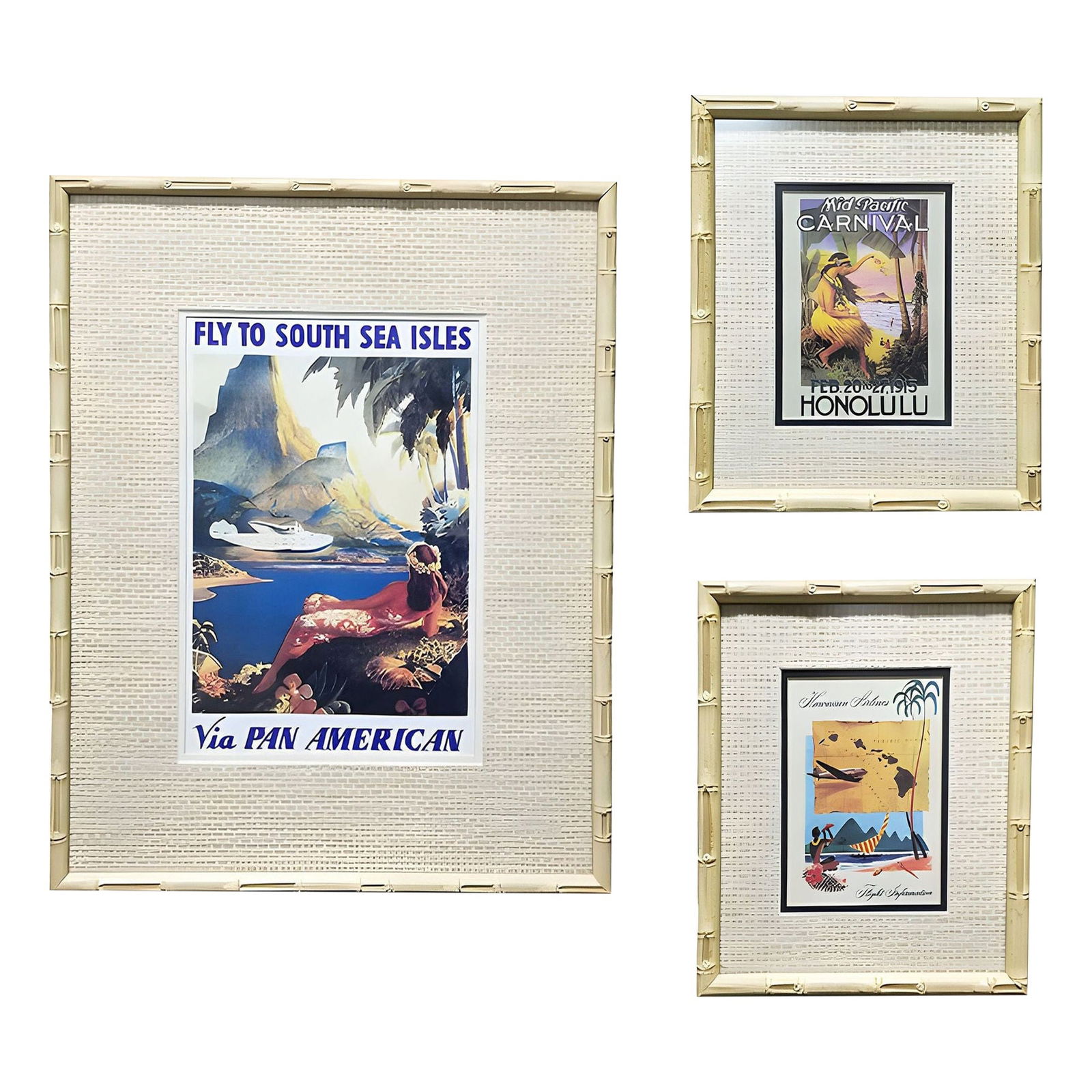 20th Century Hawaiian Travel Posters in Bamboo Frame, Set of 3: Title: 20th Century Hawaiian Travel Posters in Bamboo Frame, Set of 3 Description: Enhance your space with a curated collection of 3 vintage Art Deco Hawaiian travel posters, beautifully presented in