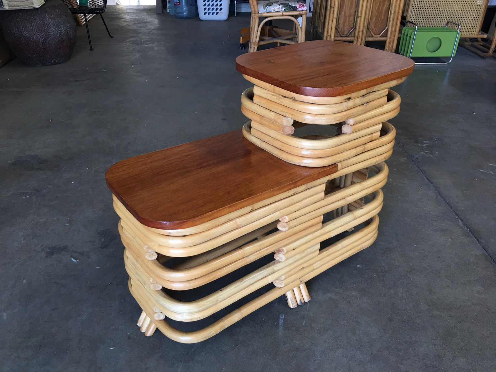 Pair Art Deco Stacked Rattan Side Table with Legs - 10