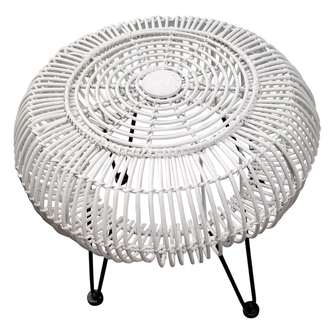 Restored Mid-century Reed Stick Rattan Ottoman Stool w/ Hairpin Legs: Title: Restored Mid-century Reed Stick Rattan Ottoman Stool w/ Hairpin Legs Description: Restored reed rattan Albini style ottoman stool in white paint with iron hairpin legs. The stool was inspired