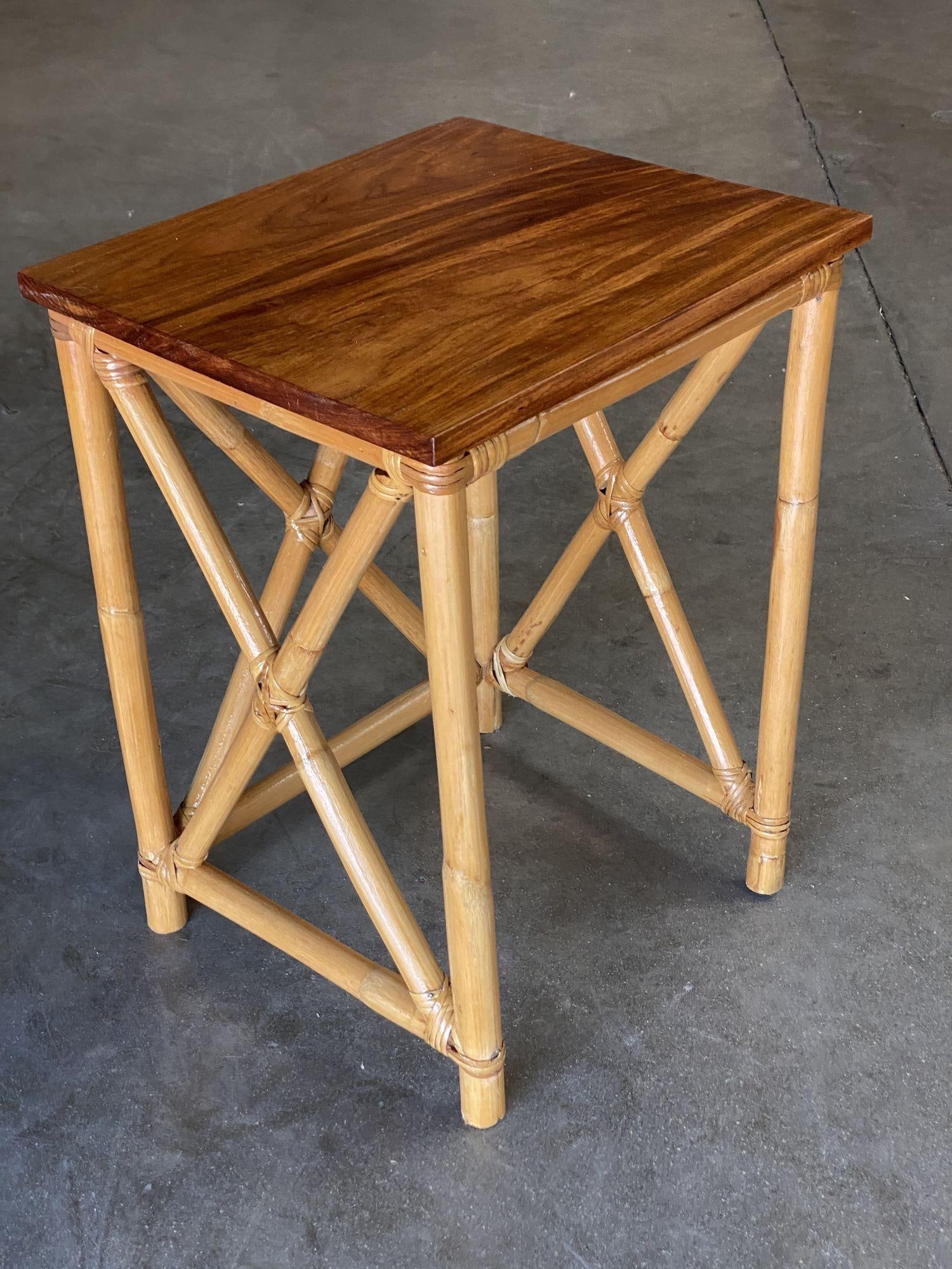 Restored Set of 3 Rattan Nesting X Side Tables with Mahogany Top - 12