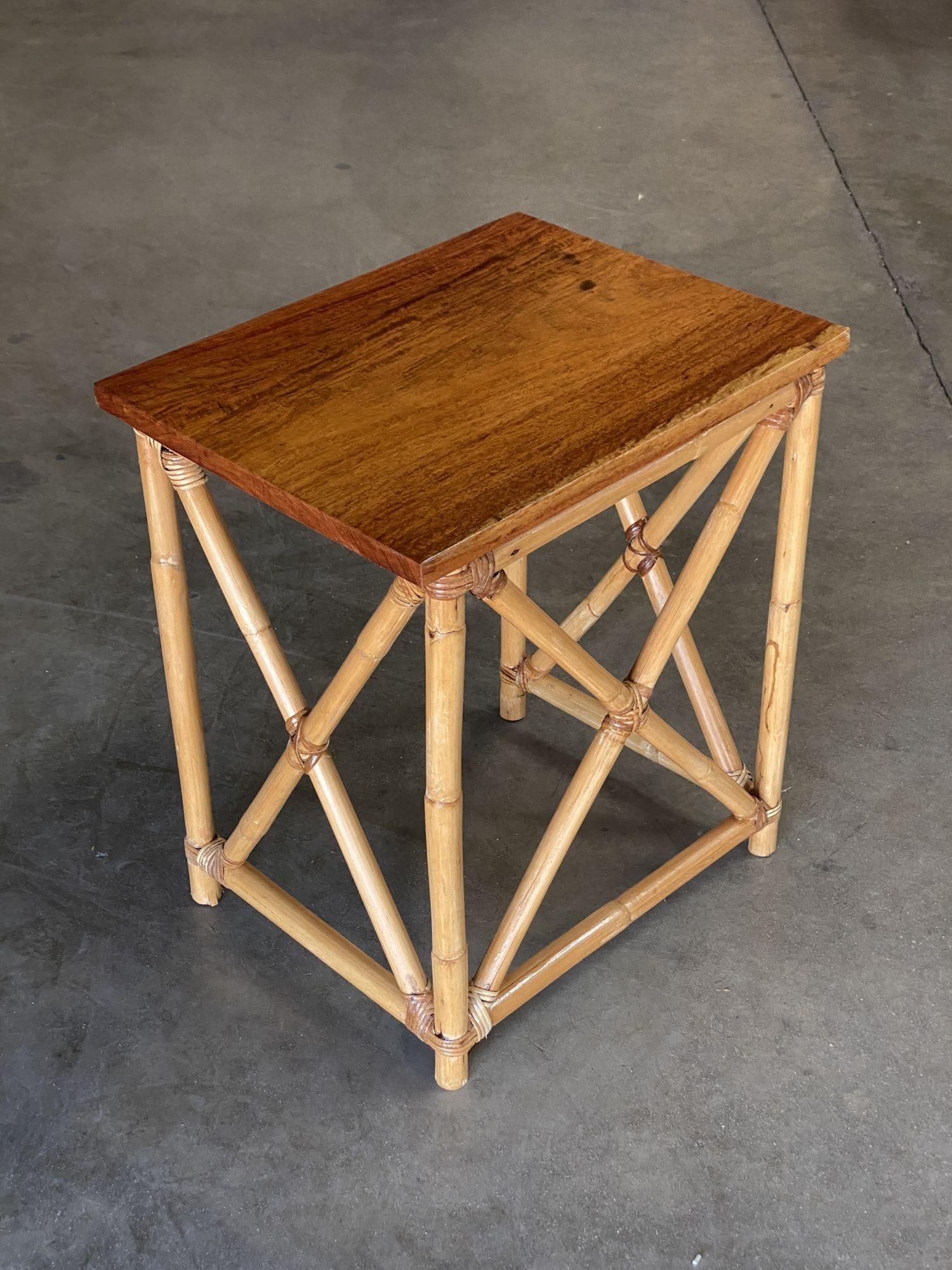 Restored Set of 3 Rattan Nesting X Side Tables with Mahogany Top - 15