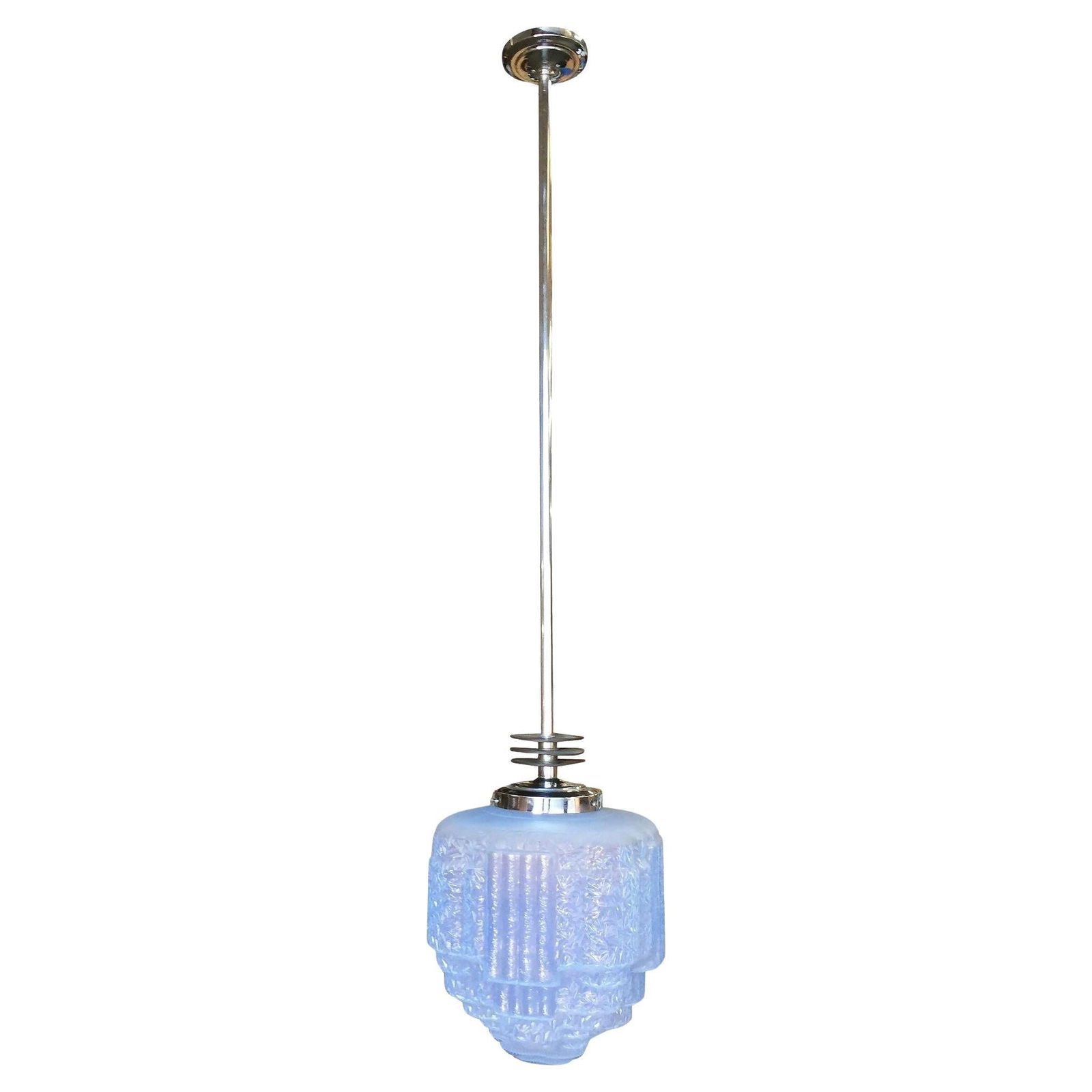 Streamline Ceiling Pendant w Textured Blue Glass Stepped Glass Globe 4 Available: Title: Streamline Ceiling Pendant w Textured Blue Glass Stepped Glass Globe 4 Available Description: Rare Art Deco chrome ceiling pendant featuring a long four-and-a-half-foot chromed streamline light