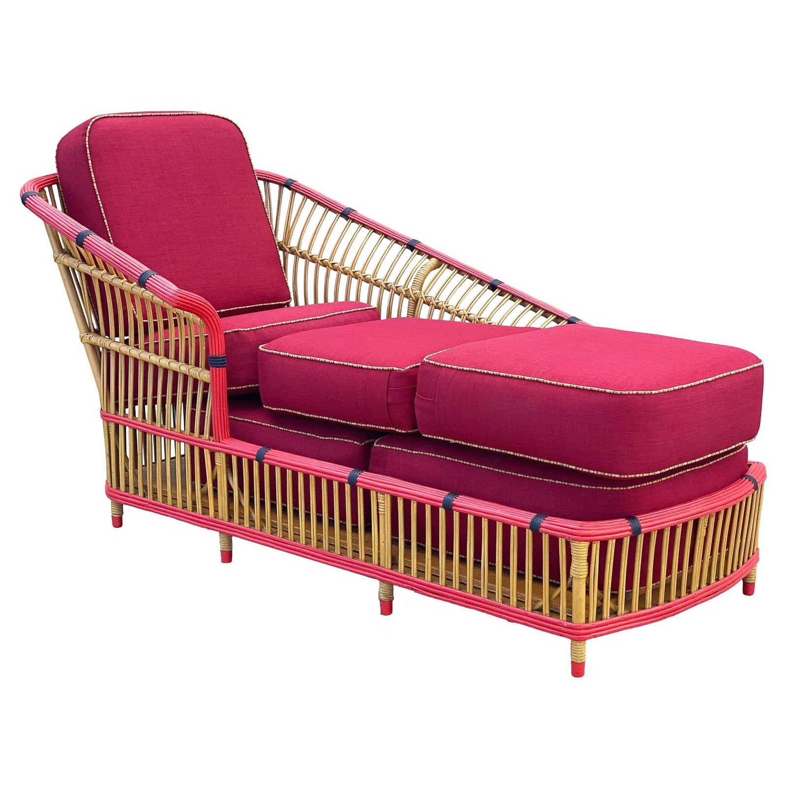 Restored Stick Reed Rattan "President" Chaise Lounge: Title: Restored Stick Reed Rattan "President" Chaise Lounge Description: Relax in this restored 1930 "President" stick rattan chaise lounge chair. The lounge features a spindle design with a fan back
