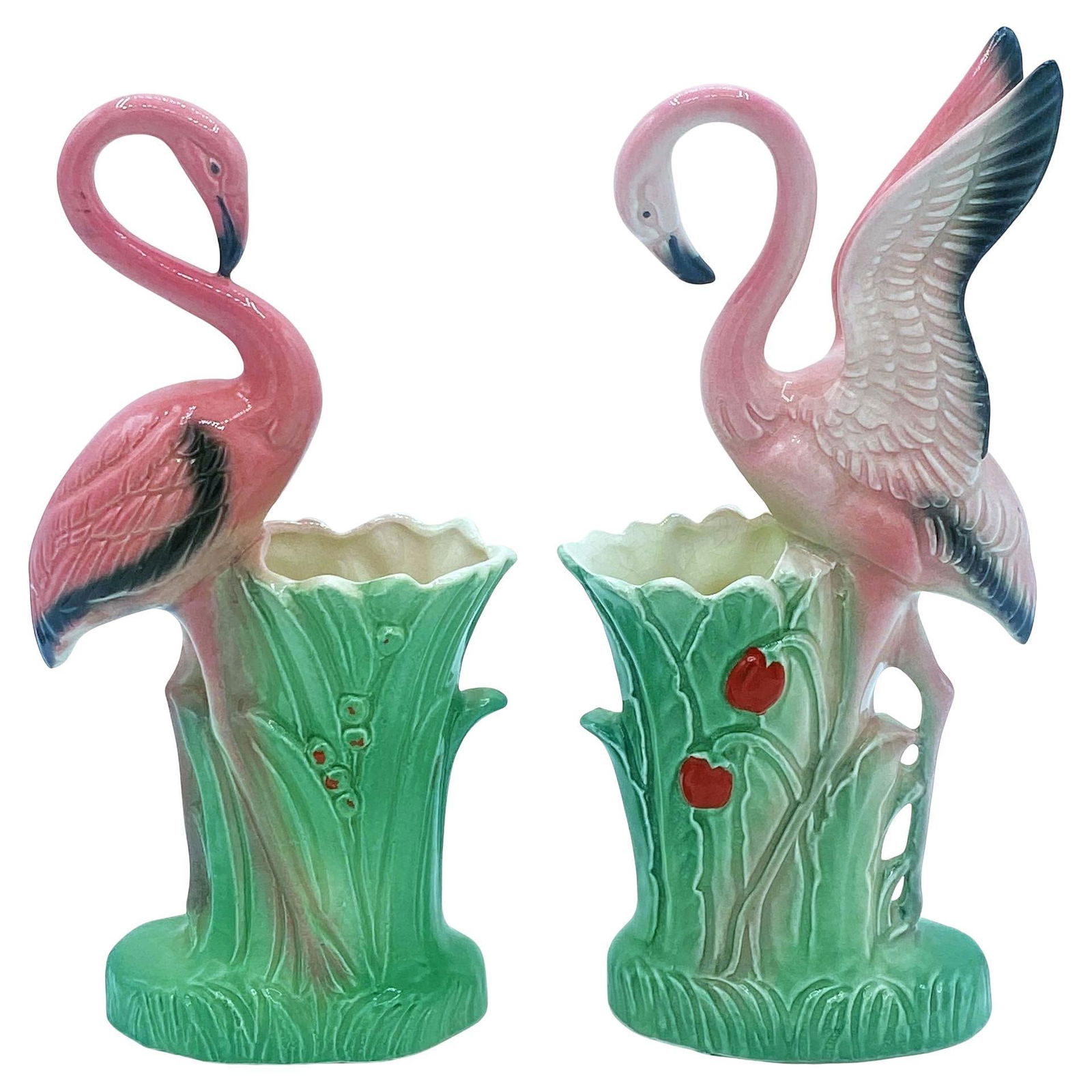 Mid-century "Lovers" Pink Flamingo Ceramic Tabletop Vase Set By Leftons - 7