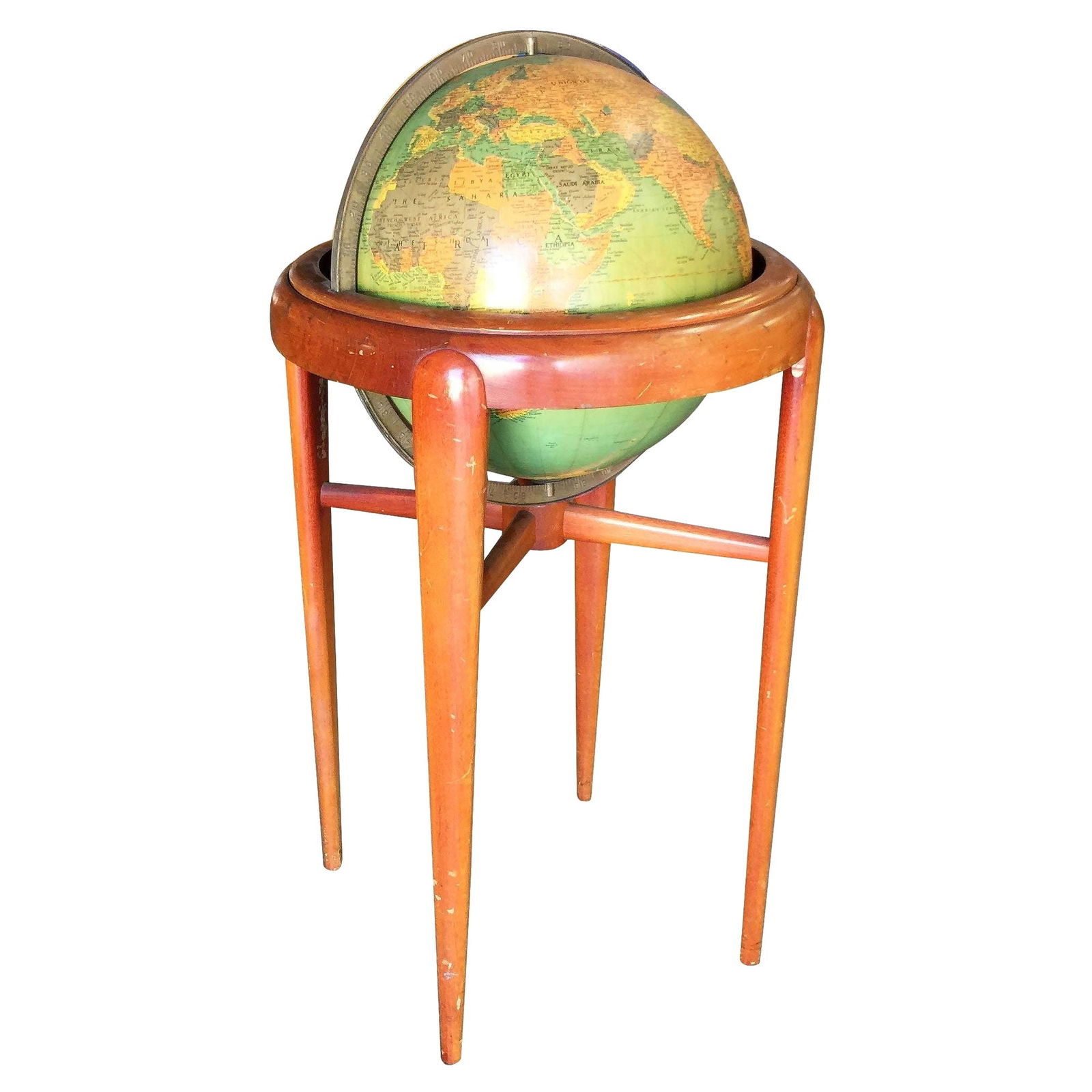 Midcentury Mahogany Floor Globe by Replogle: Title: Midcentury Mahogany Floor Globe by Replogle Description: Mid-century era floor globe featuring a steel globe suspended by a mahogany stand. The globe rotates 360 degrees on two point axis