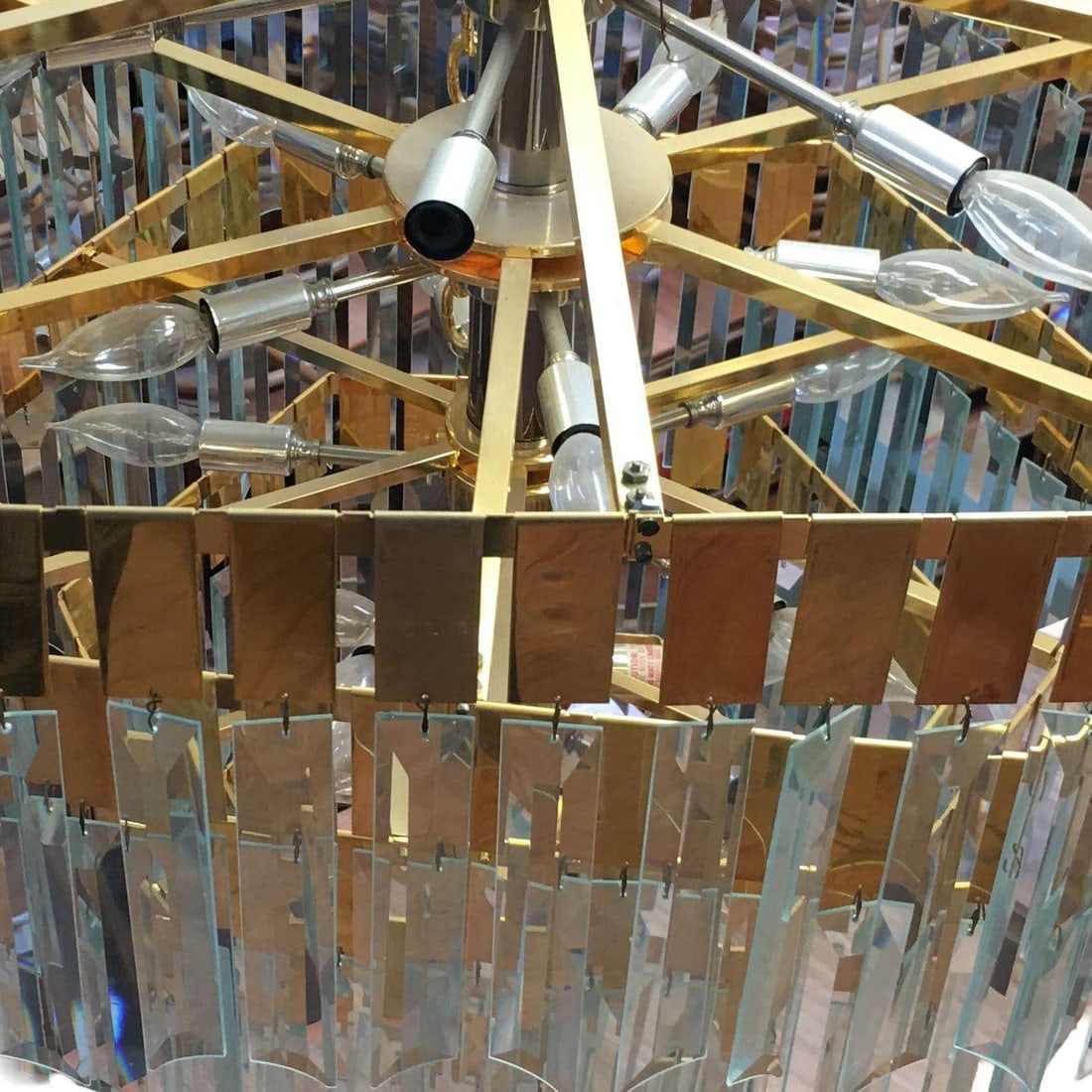 1970's Late Modernist Hanging Crystal and Brass Chandelier, 2 Available - 4