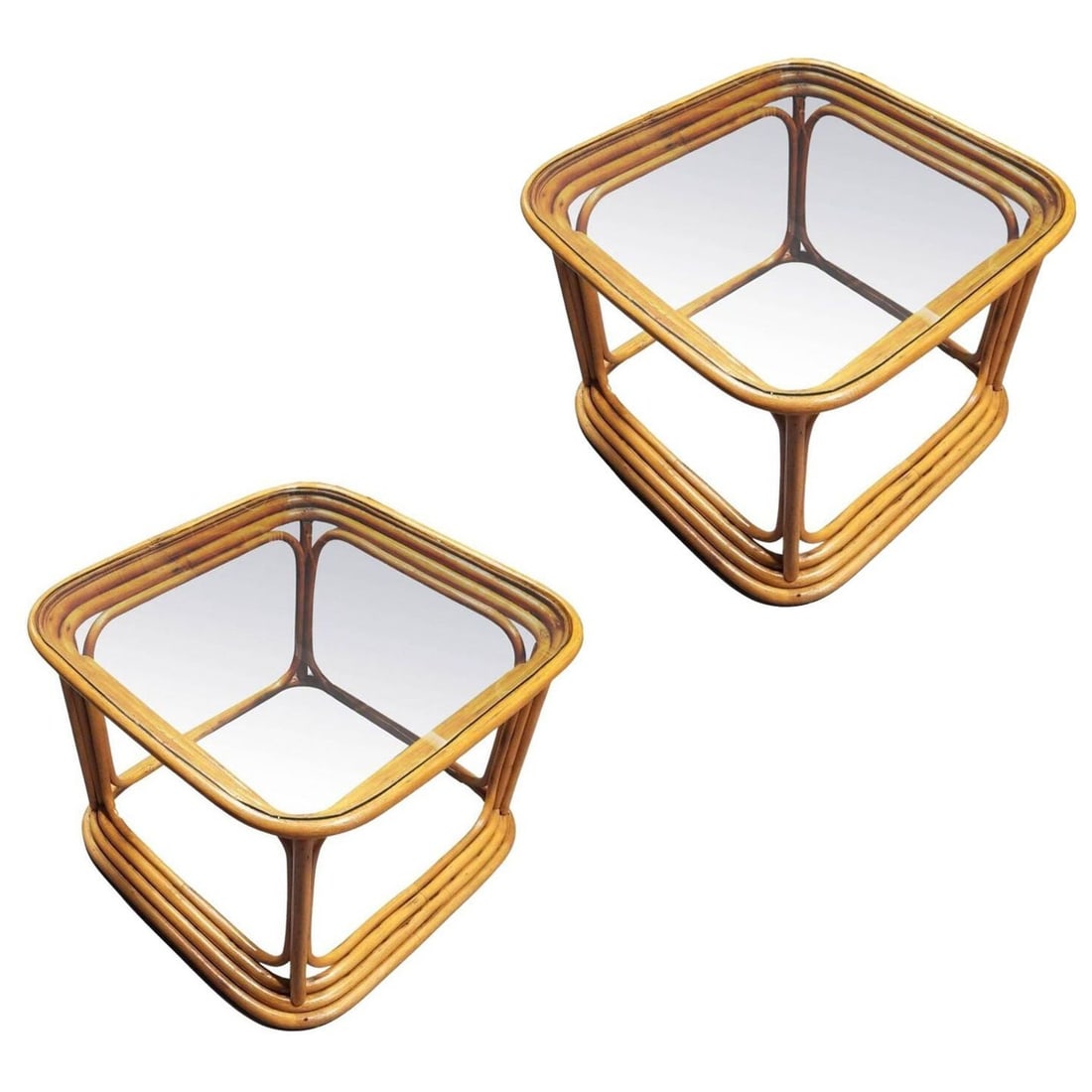 Restored Pair of 4-Strand Rattan Cubist Legs Coffee Table with Glass Tops: Title: Restored Pair of 4-Strand Rattan Cubist Legs Coffee Table with Glass Tops Description: Restored 4-strand rattan legs coffee table with glass tops. Circa 1950, United States We only purchase and