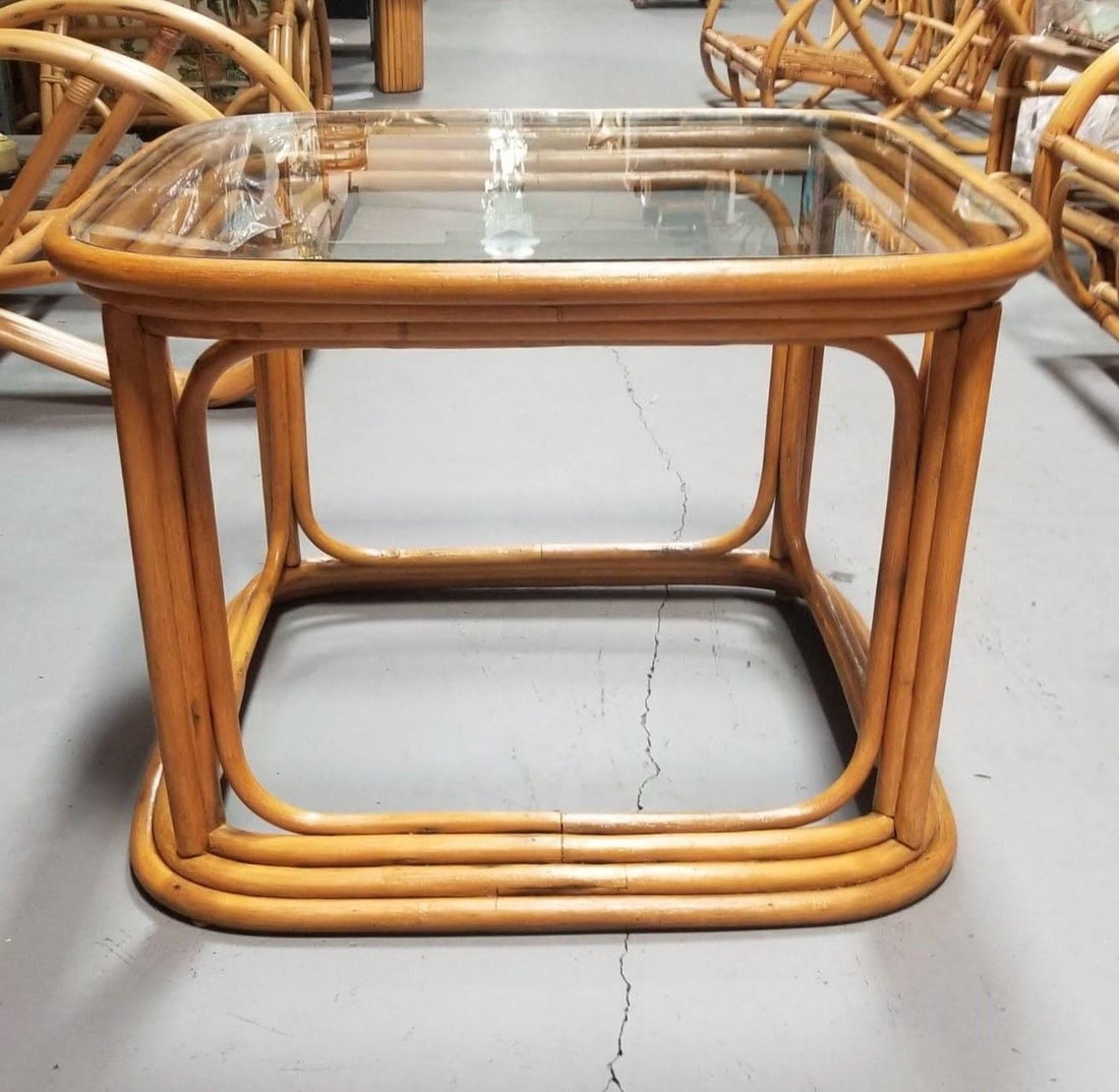 Restored Pair of 4-Strand Rattan Cubist Legs Coffee Table with Glass Tops - 3