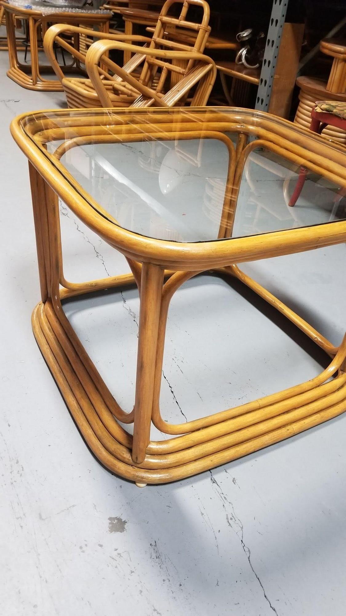 Restored Pair of 4-Strand Rattan Cubist Legs Coffee Table with Glass Tops - 5