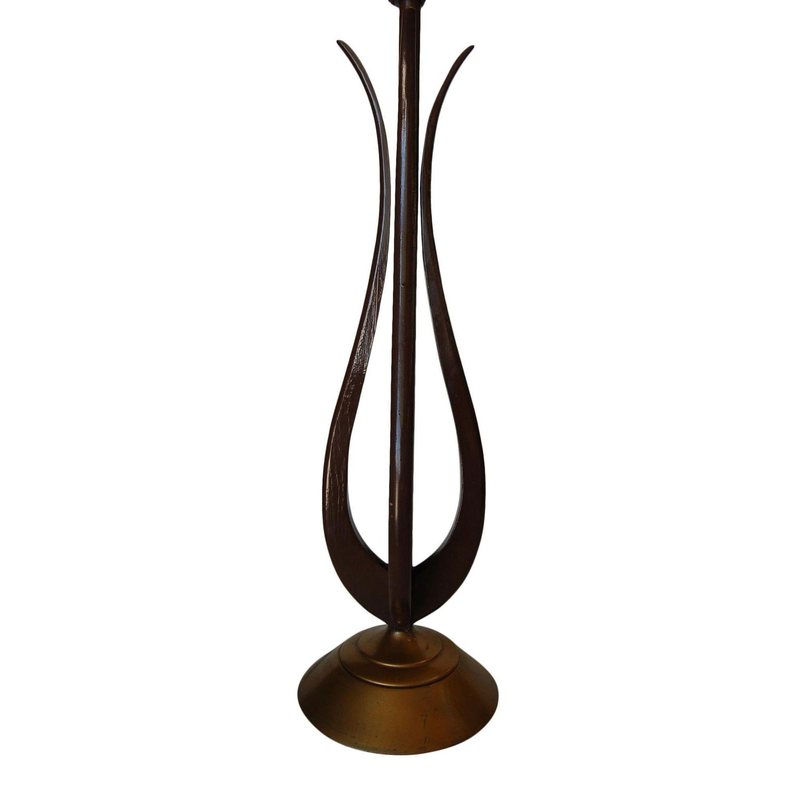 Modernist Harp Shaped Sculptural Walnut and Brass Tone Table Lamp, Pair - 17