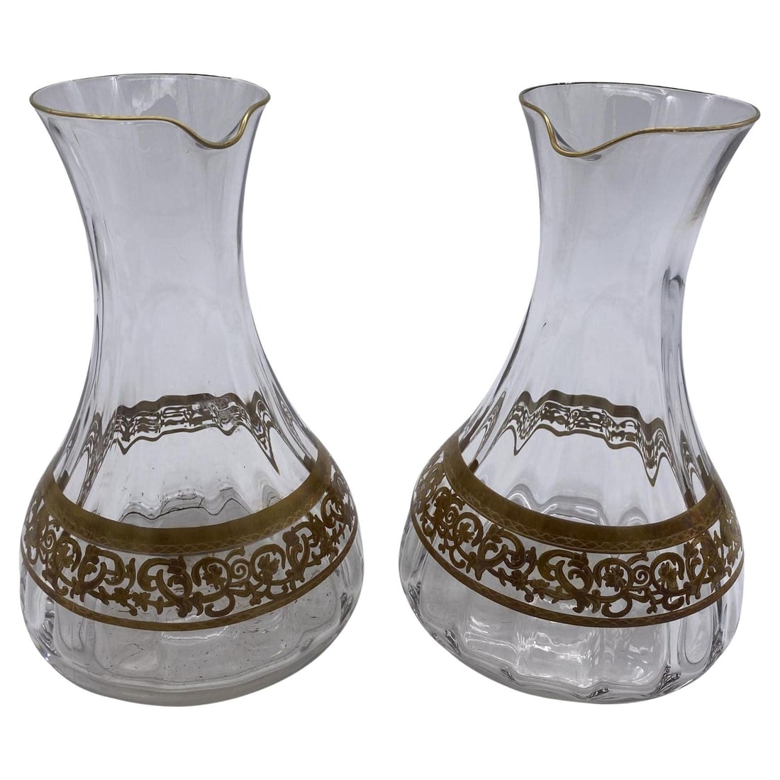 Czechoslovakia Moser Art Glass Pitcher Set with/ Gold Leaf: Title: Czechoslovakia Moser Art Glass Pitcher Set with/ Gold Leaf Description: Vintage Czechoslovakia Art glass Moser pitcher that is decorated with scrolling gold leaf bands around the base. Note