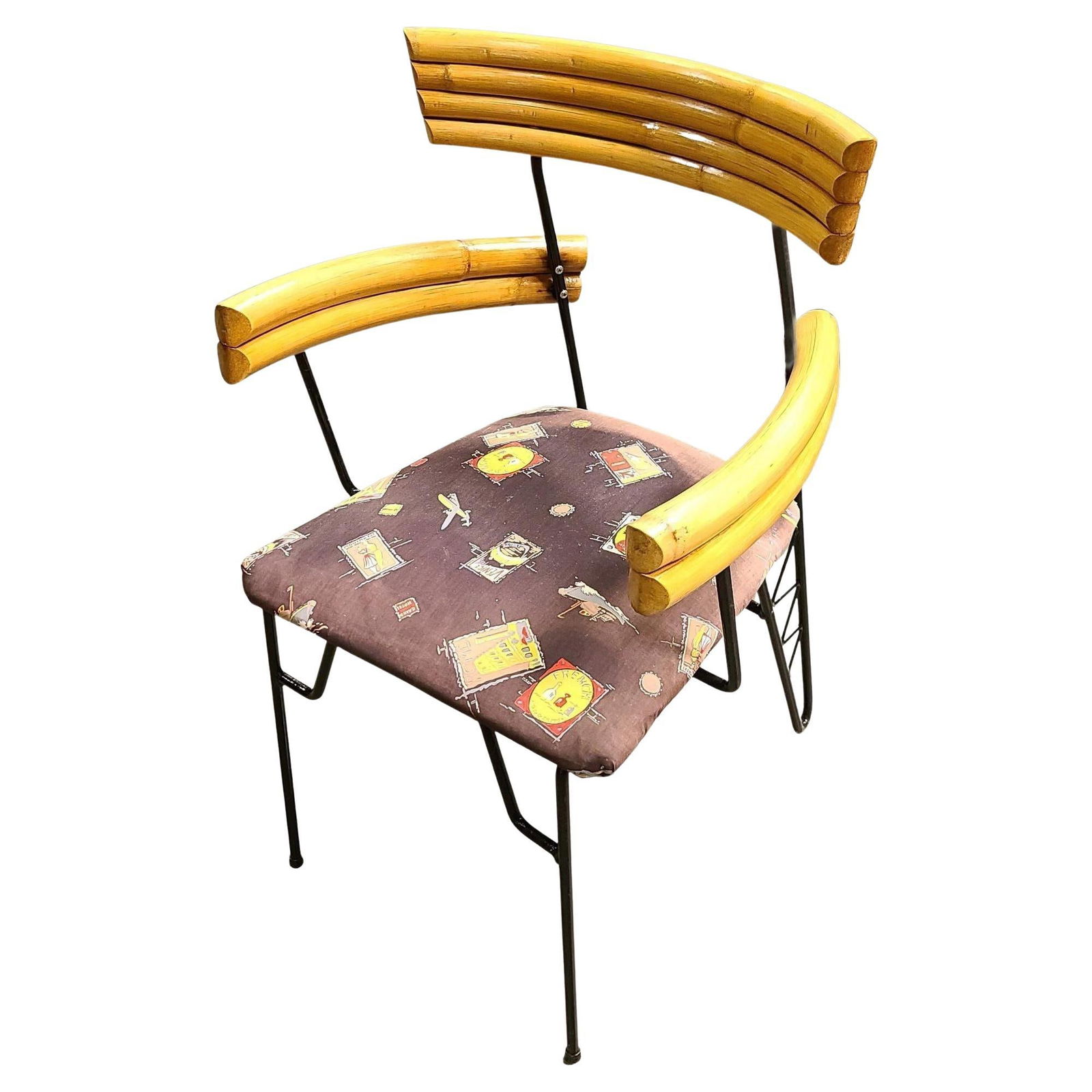 Restored Mid Century Wrought Iron Wire Hairpin Leg Armchair w/ Pole Rattan Arms: Title: Restored Mid Century Wrought Iron Wire Hairpin Leg Armchair w/ Pole Rattan Arms Description: Circa 1950 Mid-Century wrought iron wire armchair with pole rattan arms, hairpin Legs, and original