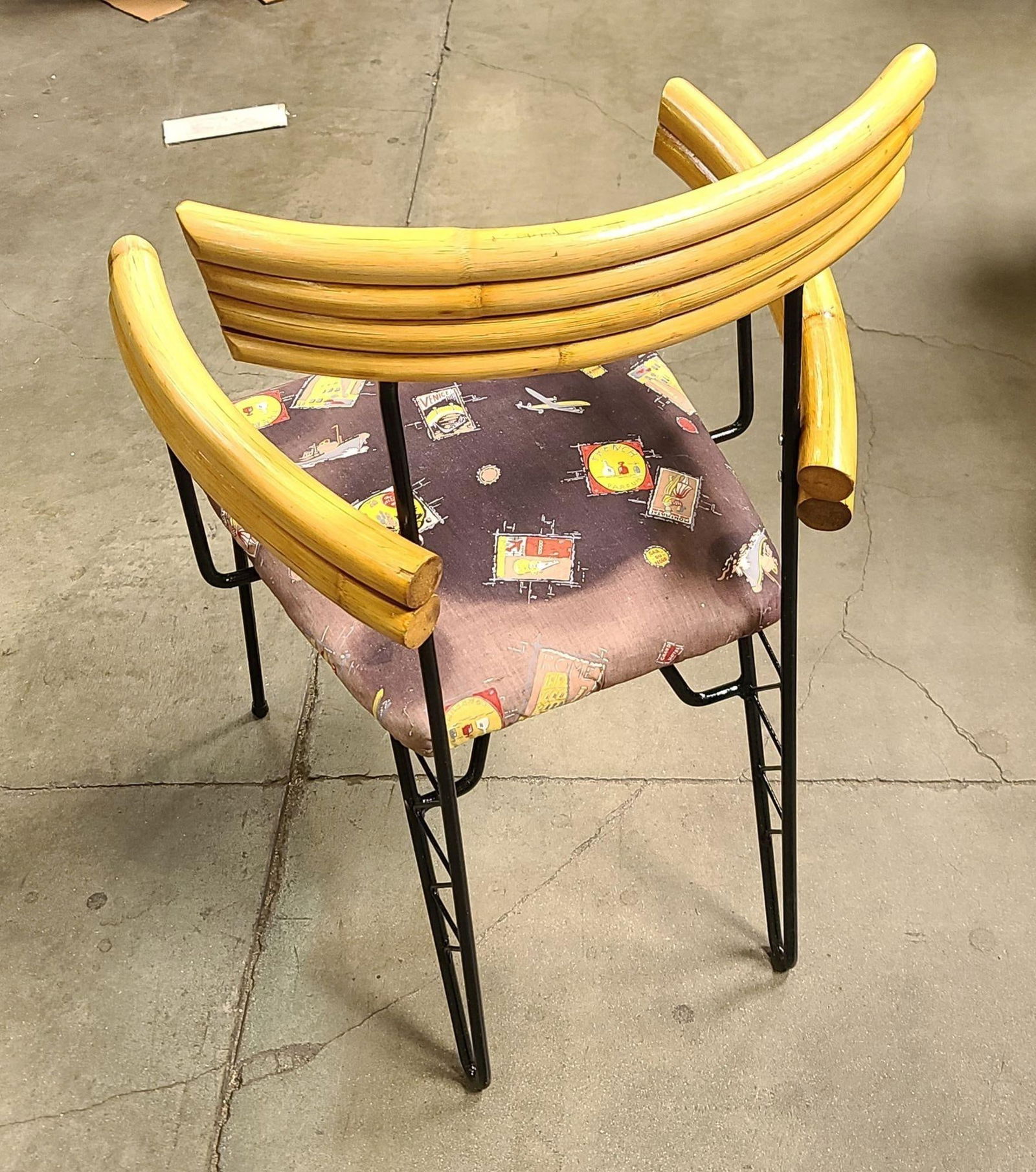 Restored Mid Century Wrought Iron Wire Hairpin Leg Armchair w/ Pole Rattan Arms - 4