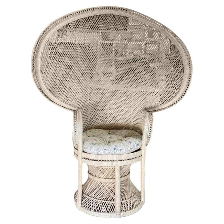 Restored Rattan Large Pale Woven Wicker "Cobra" Lounge Throne Chair: Title: Restored Rattan Large Pale Woven Wicker "Cobra" Lounge Throne Chair Description: This beautifully restored rattan blends style and vintage charm with modern comfort. Woven white painted wicker