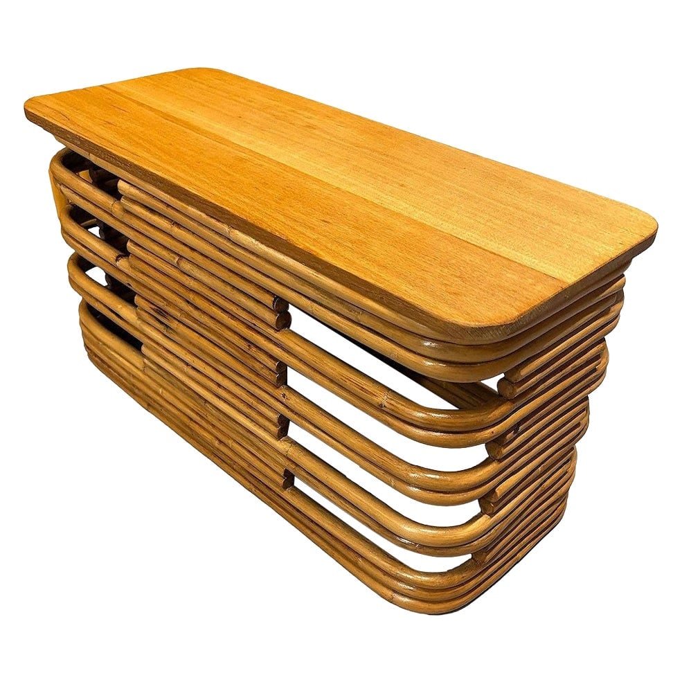 Restored Mid-century Stacked Rattan Side Drinks Table w/ Mahogany: Title: Restored Mid-century Stacked Rattan Side Drinks Table w/ Mahogany Description: This beautifully restored stacked rattan and mahogany side drinks blends vintage charm with modern comfort. It fea