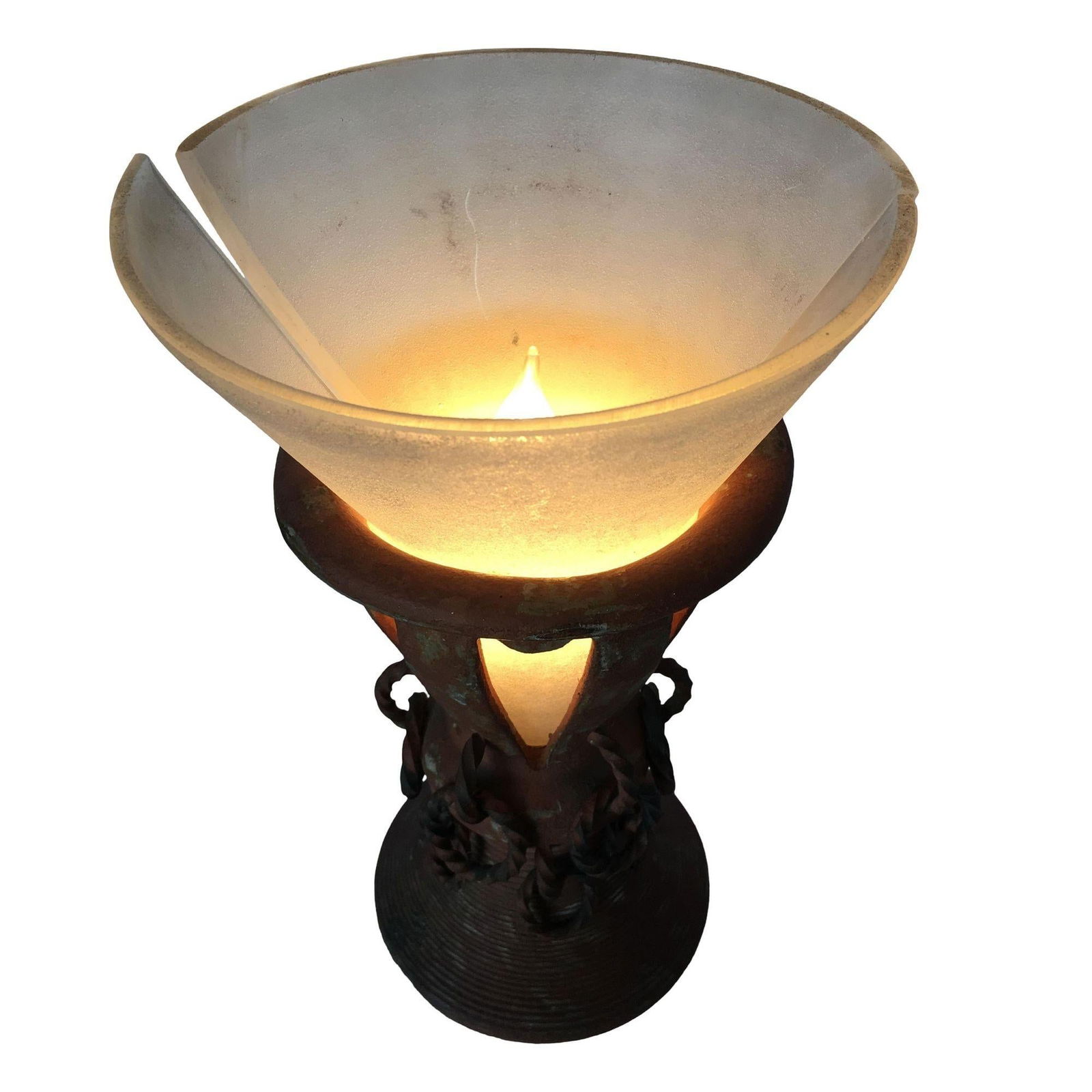 Iron and Clay Torchiere Table Lamp W/ Frosted Shade - 15