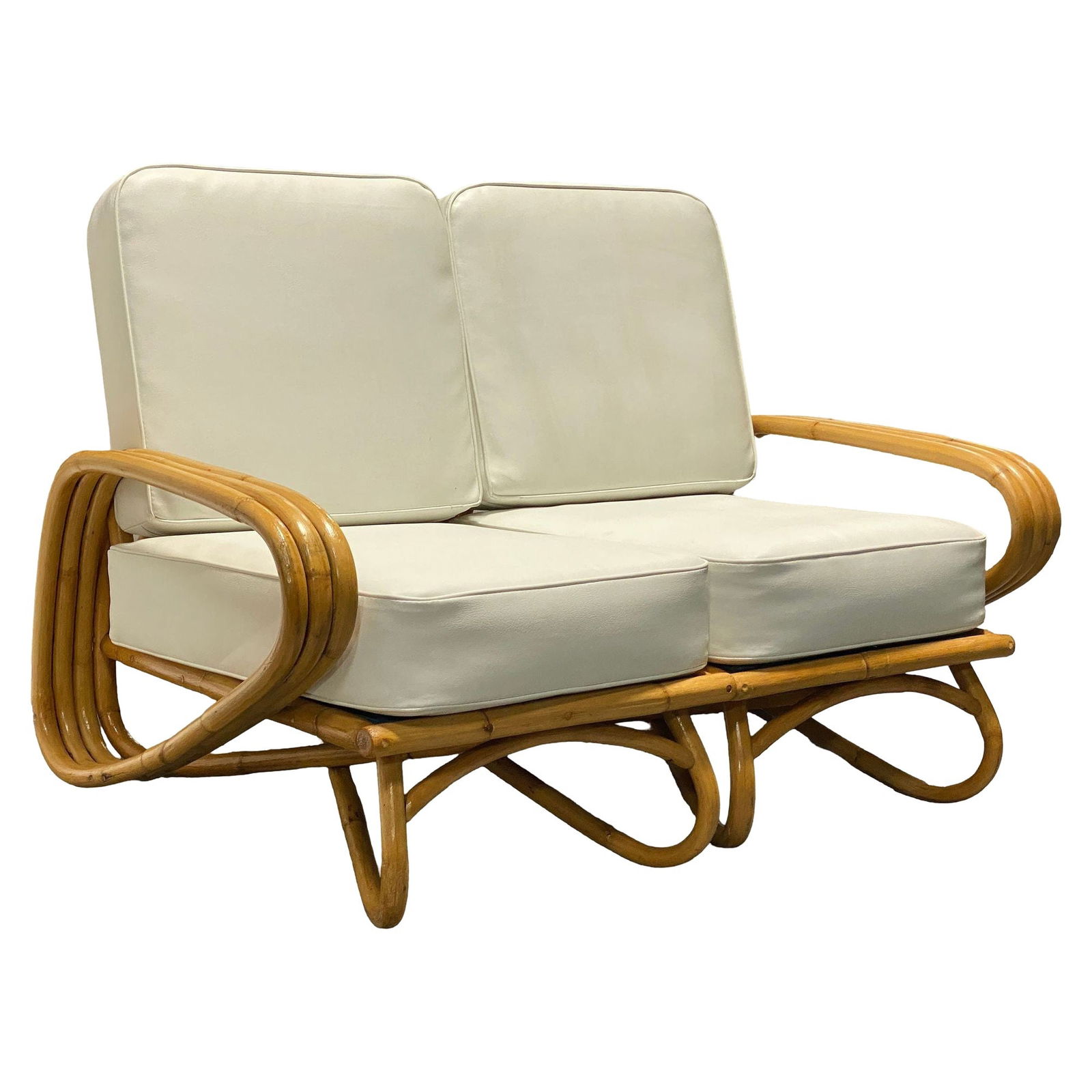 Restored "Triple Triangle" 3-strand Sectional Sectional Settee W/ Loop Base: Title: Restored "Triple Triangle" 3-strand Sectional Sectional Settee W/ Loop Base Description: This beautifully restored Paul Frankl-inspired 3-strand Rattan "Triple Triangle" arm sectional settee.