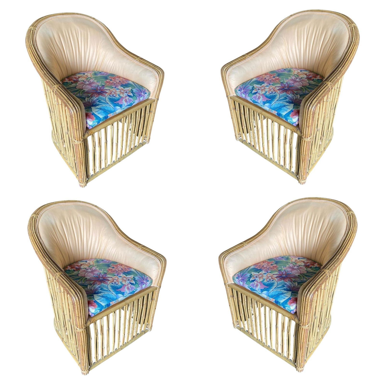 Set of Four Pencil Reed Rattan Armchair, Restored, 1970s: Title: Set of Four Pencil Reed Rattan Armchair, Restored, 1970s Description: This beautifully restored set of four Pencil Reed Rattan spindle barrel armchairs, each featuring a padded seat and