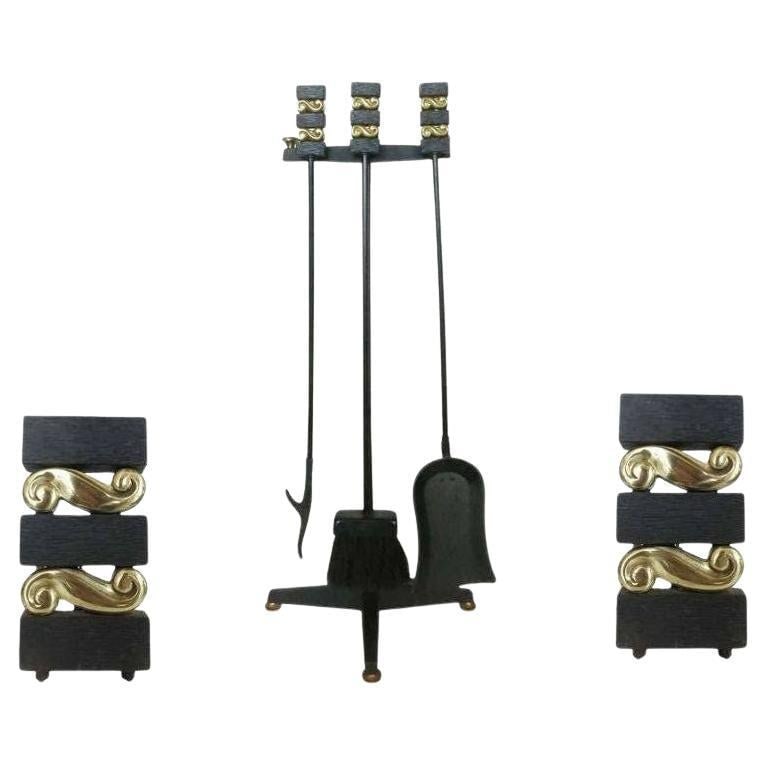 Donald Deskey Andirons and Fireplace Tools by Bennett Co: Title: Donald Deskey Andirons and Fireplace Tools by Bennett Co Description: A set of modernist iron and brass Donald Deskey andirons and fireplace tools by the Bennett Co. This set includes stand, sh