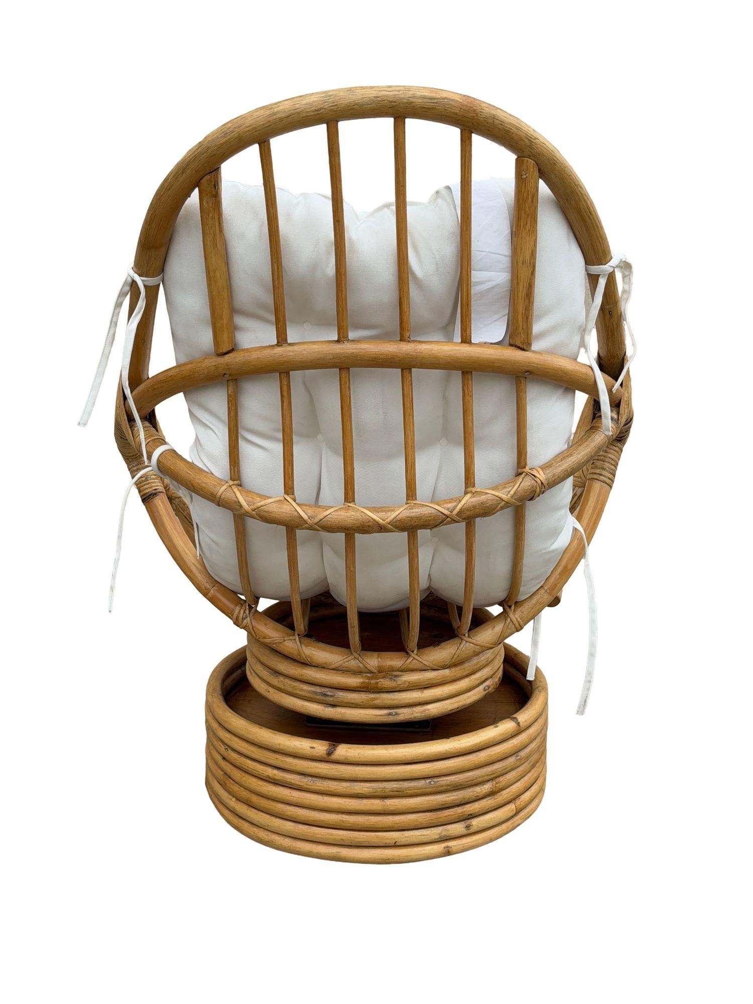 Restored Swivel Bucket Lounge Chair on Stacked Rattan Pedestal Base - 11