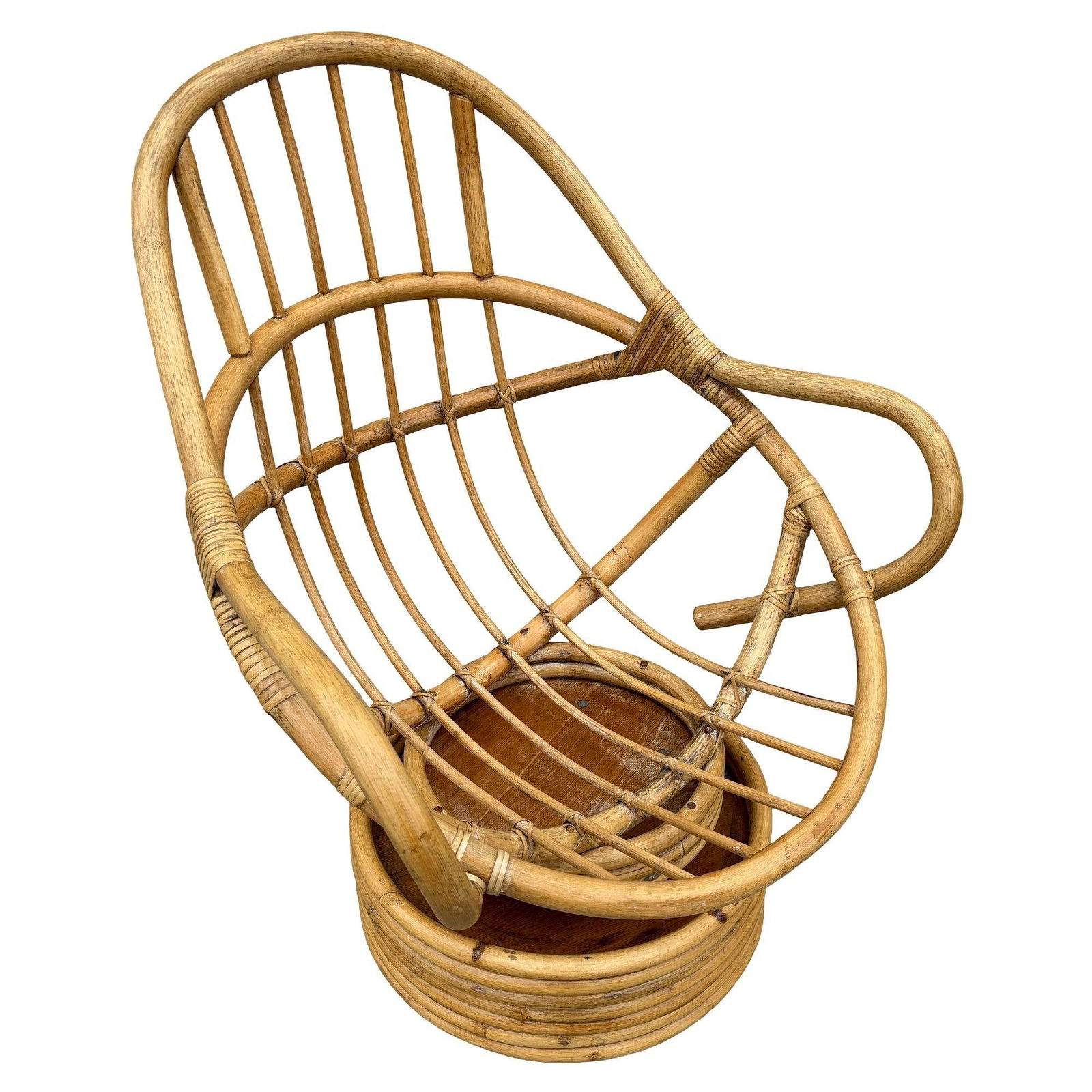 Restored Swivel Bucket Lounge Chair on Stacked Rattan Pedestal Base - 13
