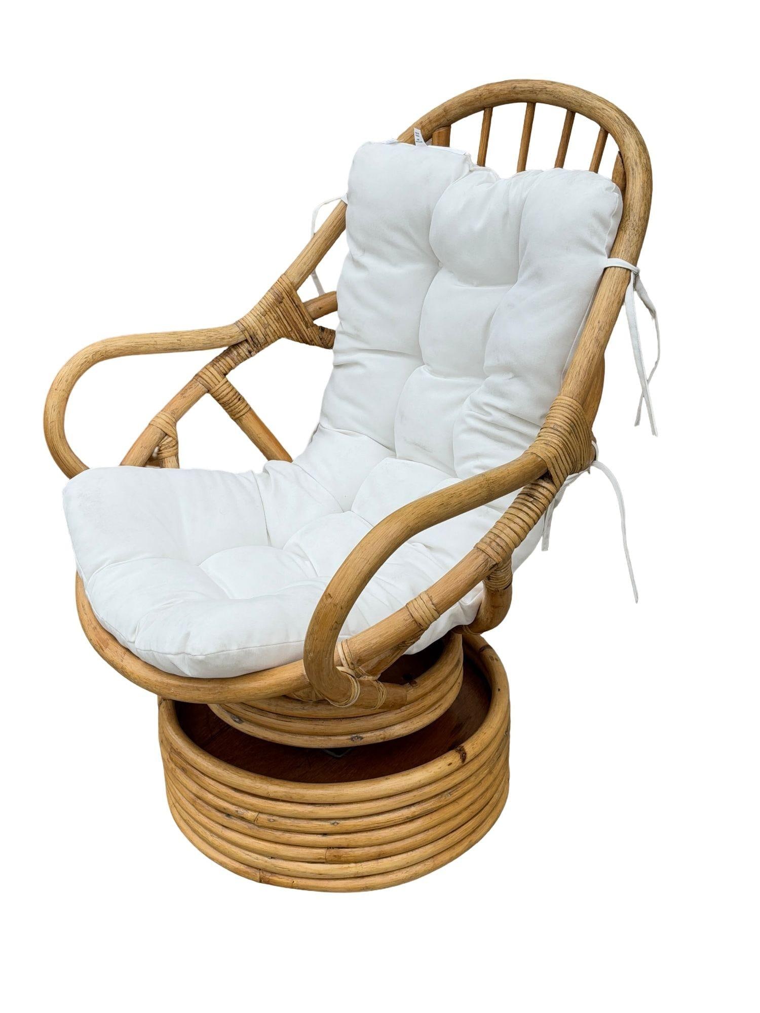 Restored Swivel Bucket Lounge Chair on Stacked Rattan Pedestal Base - 19