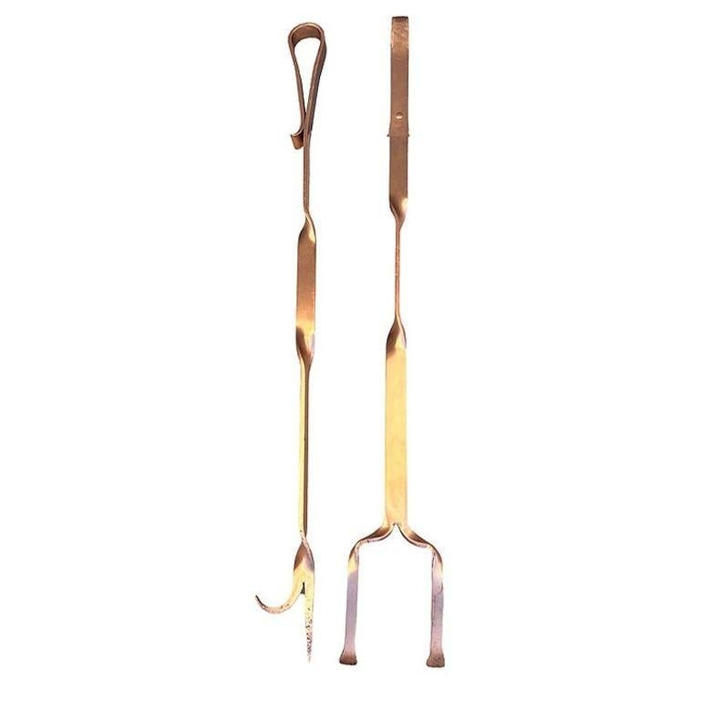 Solid Copper Art Deco Fireplace Poker and Tongs Tools - 2