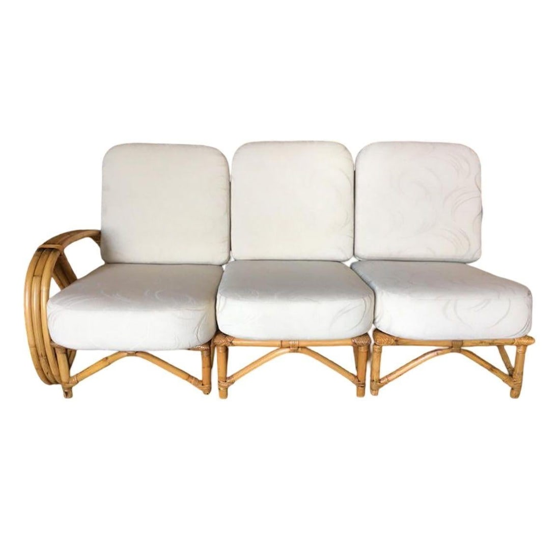 Restored 3/4 Pretzel Rattan 3-Seat Sectional Sofa w/ 2-Tier Side Table - 3