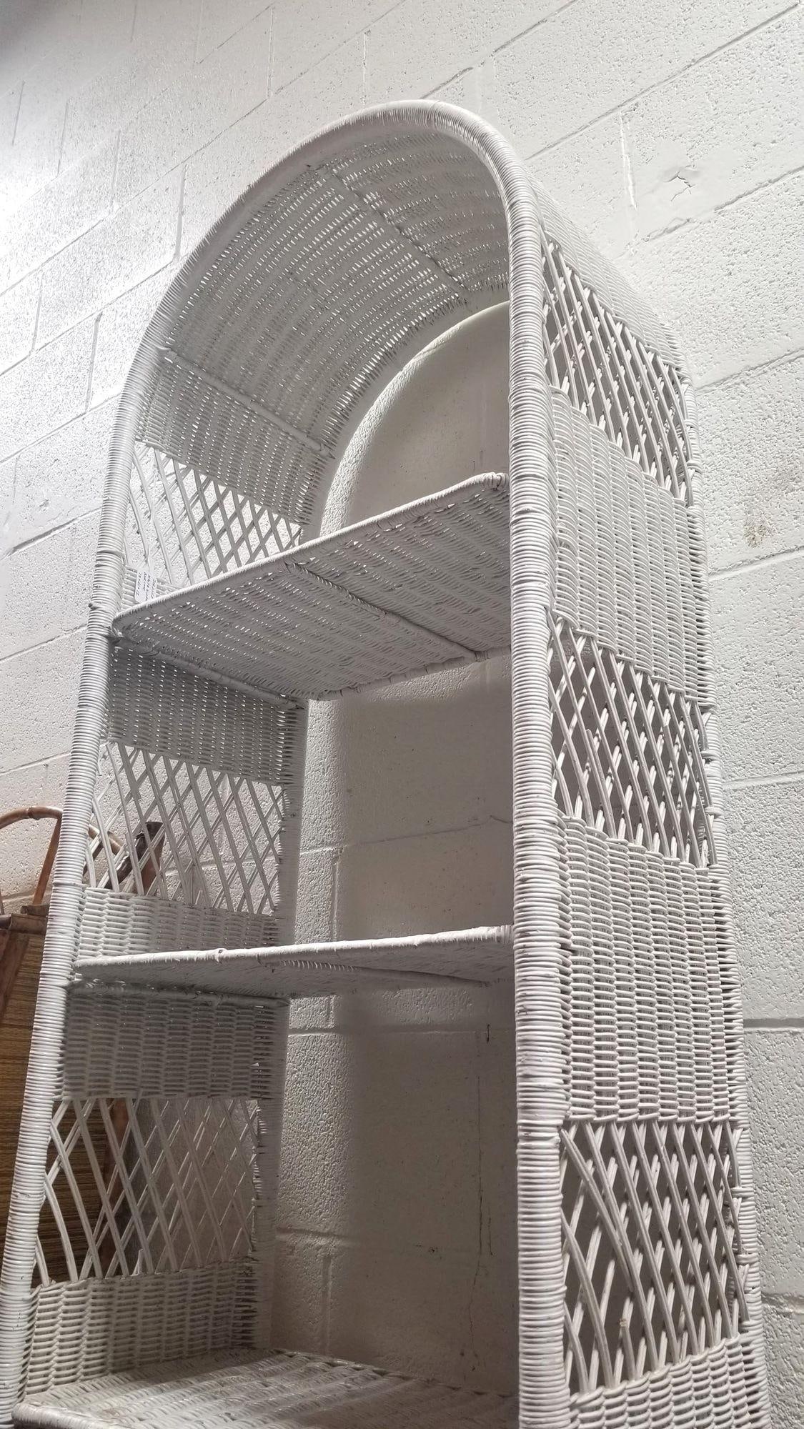 Restored White Rattan Wicker Arched Bookcase - 17
