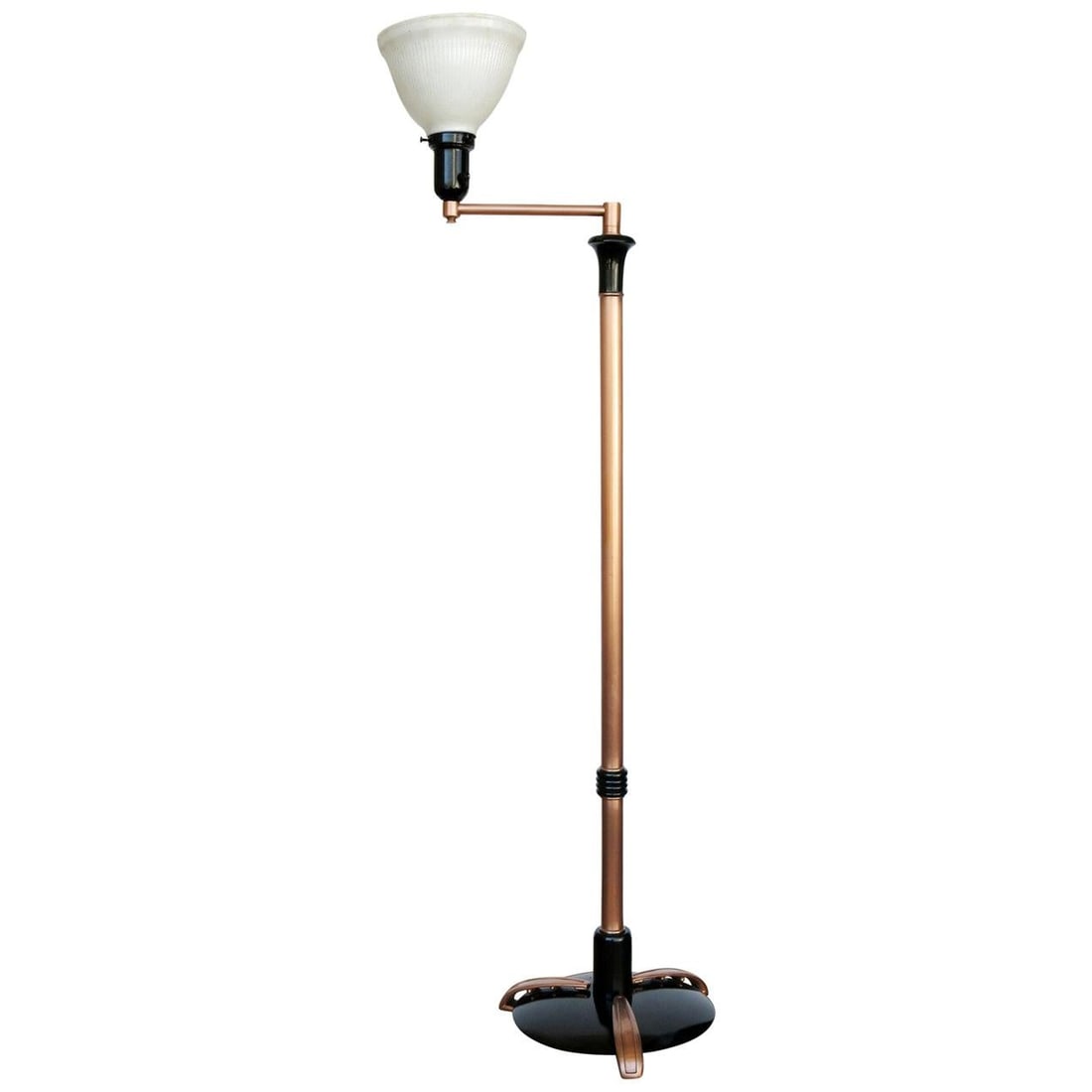 French Art Moderne Copper Swing Arm Floor Lamp: Title: French Art Moderne Copper Swing Arm Floor Lamp Description: French Art "Streamline" Moderne copper floor lamp with black Lacquer, circa 1930. The lamp features a unique black lacquer base with