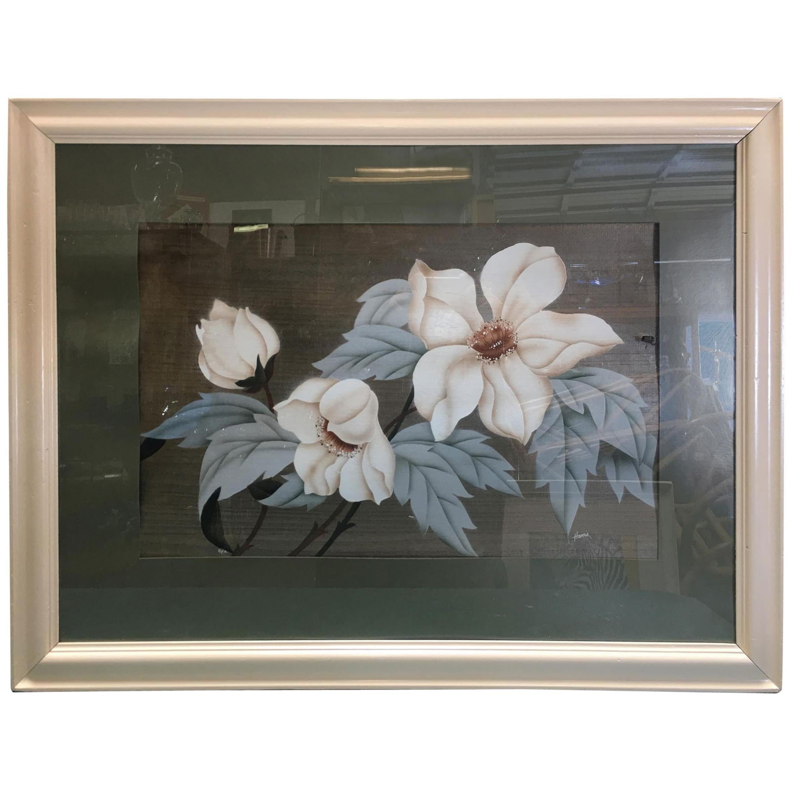 Postwar Hawaiian Airbrush Tropical Hibiscus Floral in White Wood Frame, Signed: Title: Postwar Hawaiian Airbrush Tropical Hibiscus Floral in White Wood Frame, Signed Description: Postwar Hawaiian airbrush tropical hibiscus floral on paper in original period white wood frame.