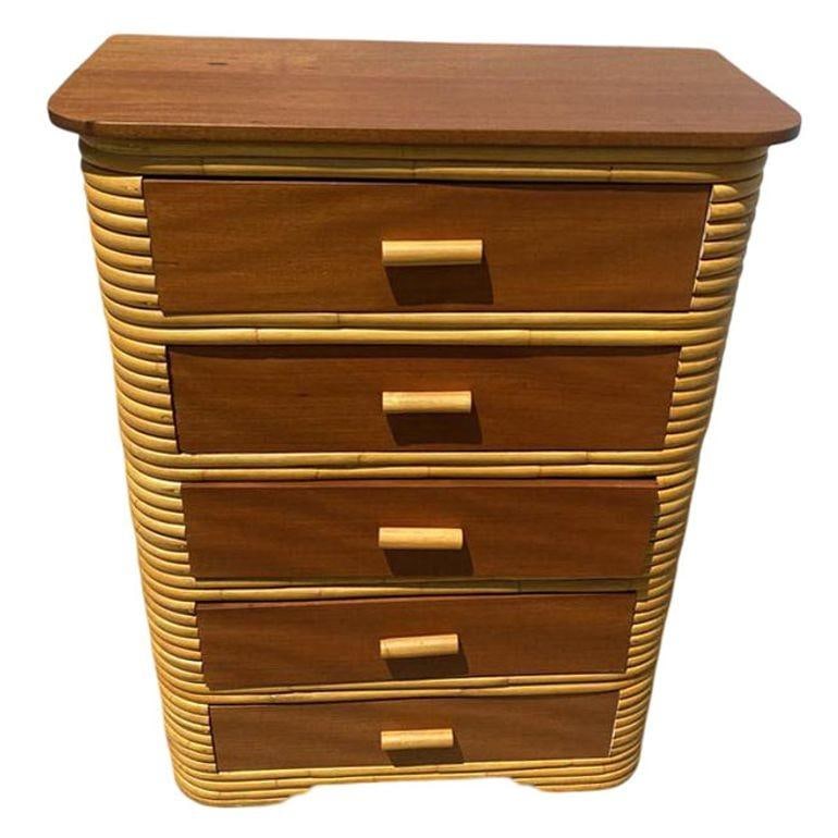 Restored Art Deco Stacked Rattan Highboy Dresser w/ Mahogany - 16