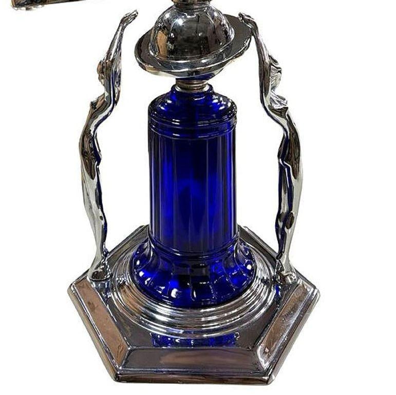 Frankart Era Art Deco Style Chrome & Cobalt Figural Lamp w/ Vivian Glass Shade - 12