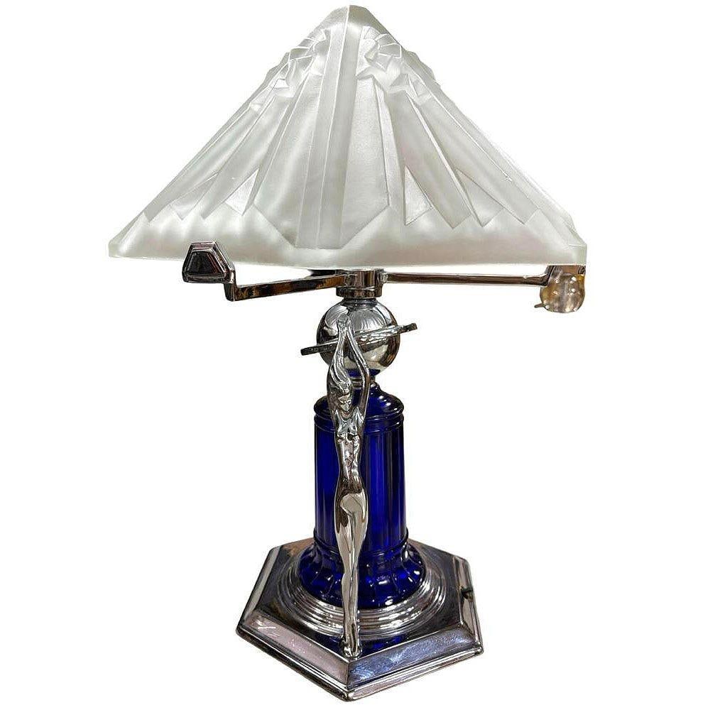 Frankart Era Art Deco Style Chrome & Cobalt Figural Lamp w/ Vivian Glass Shade - 18