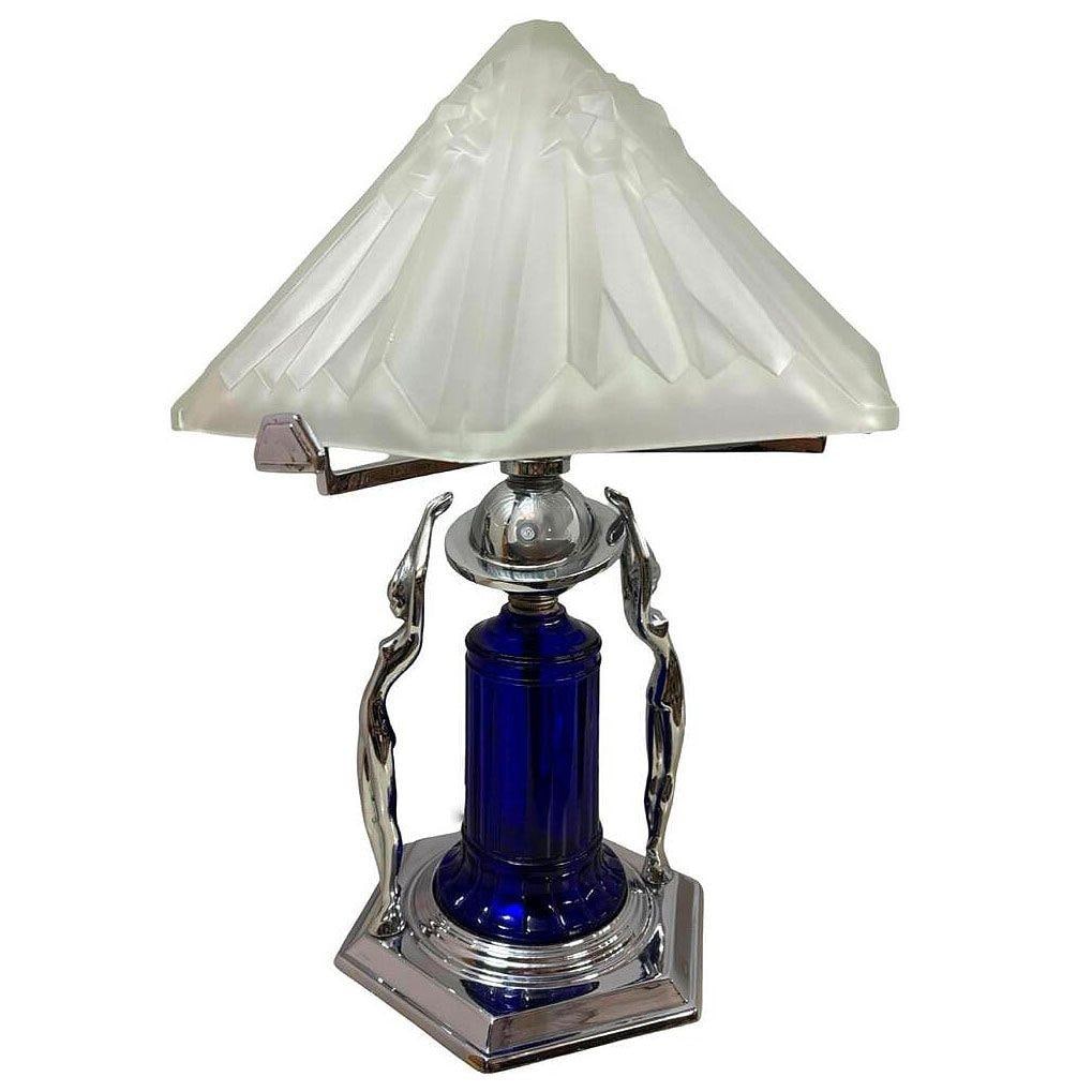 Frankart Era Art Deco Style Chrome & Cobalt Figural Lamp w/ Vivian Glass Shade - 19
